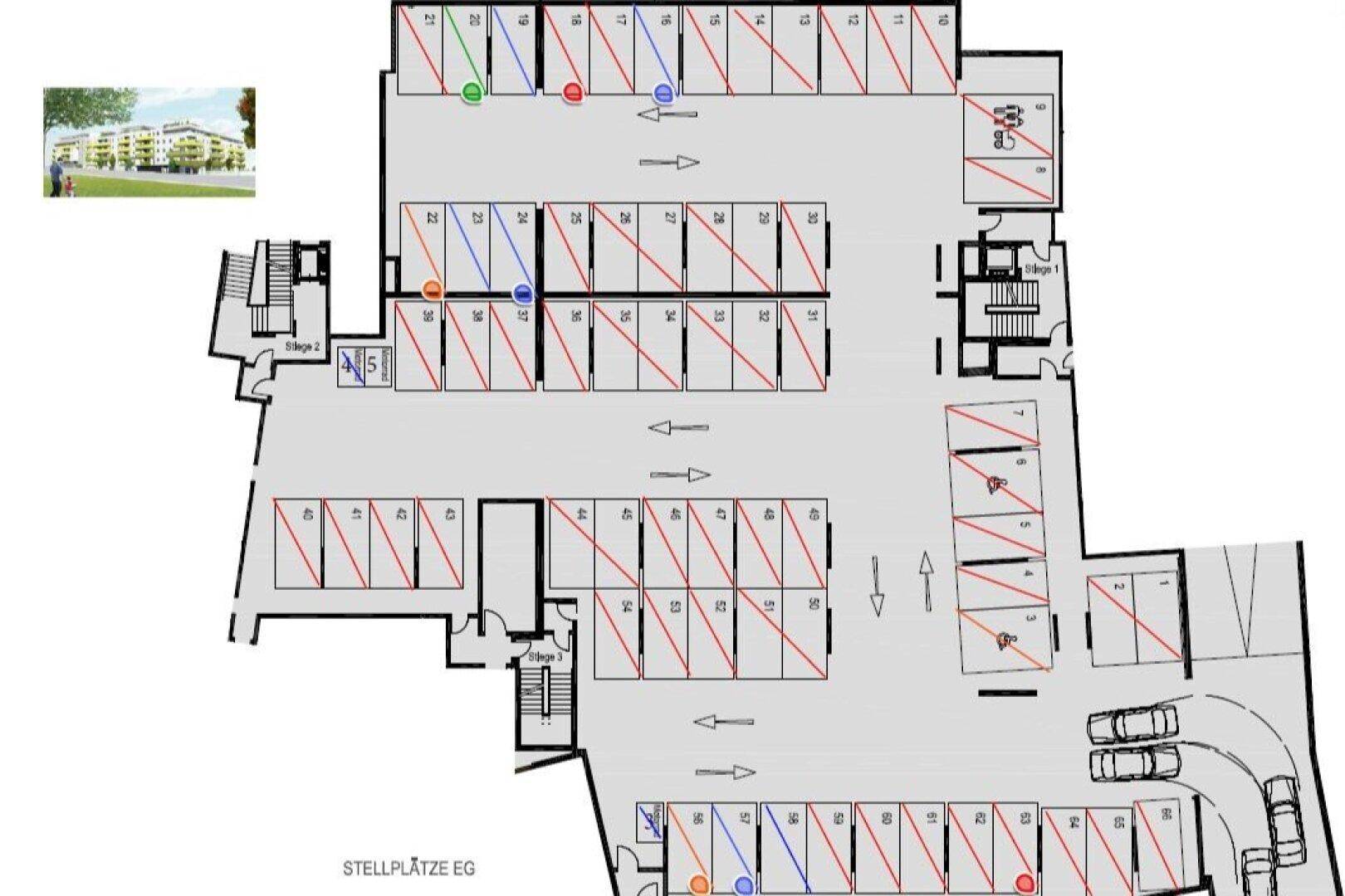 Grundrissplan einer Tiefgarage im Erdgeschoss mit zahlreichen nummerierten Stellplätzen und Zufahrtswegen.