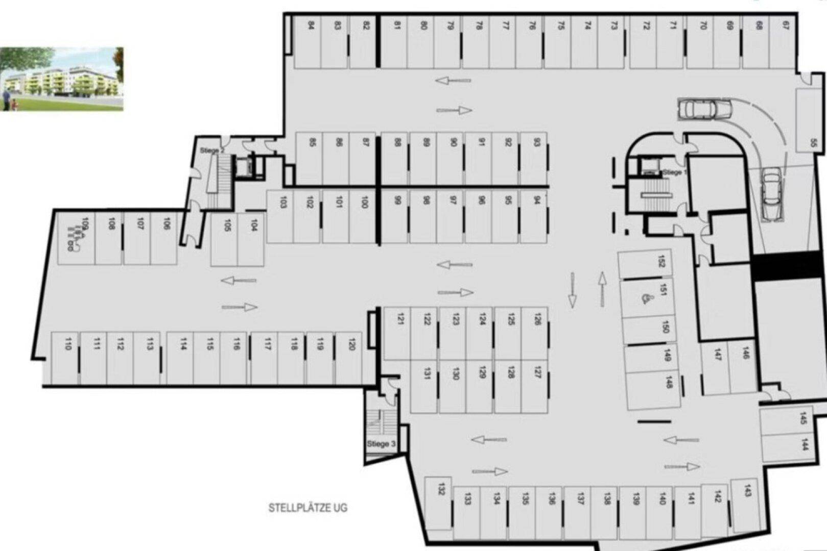 Grundrissplan einer Tiefgarage im Untergeschoss mit vielen nummerierten Stellplätzen und Fahrspuren.