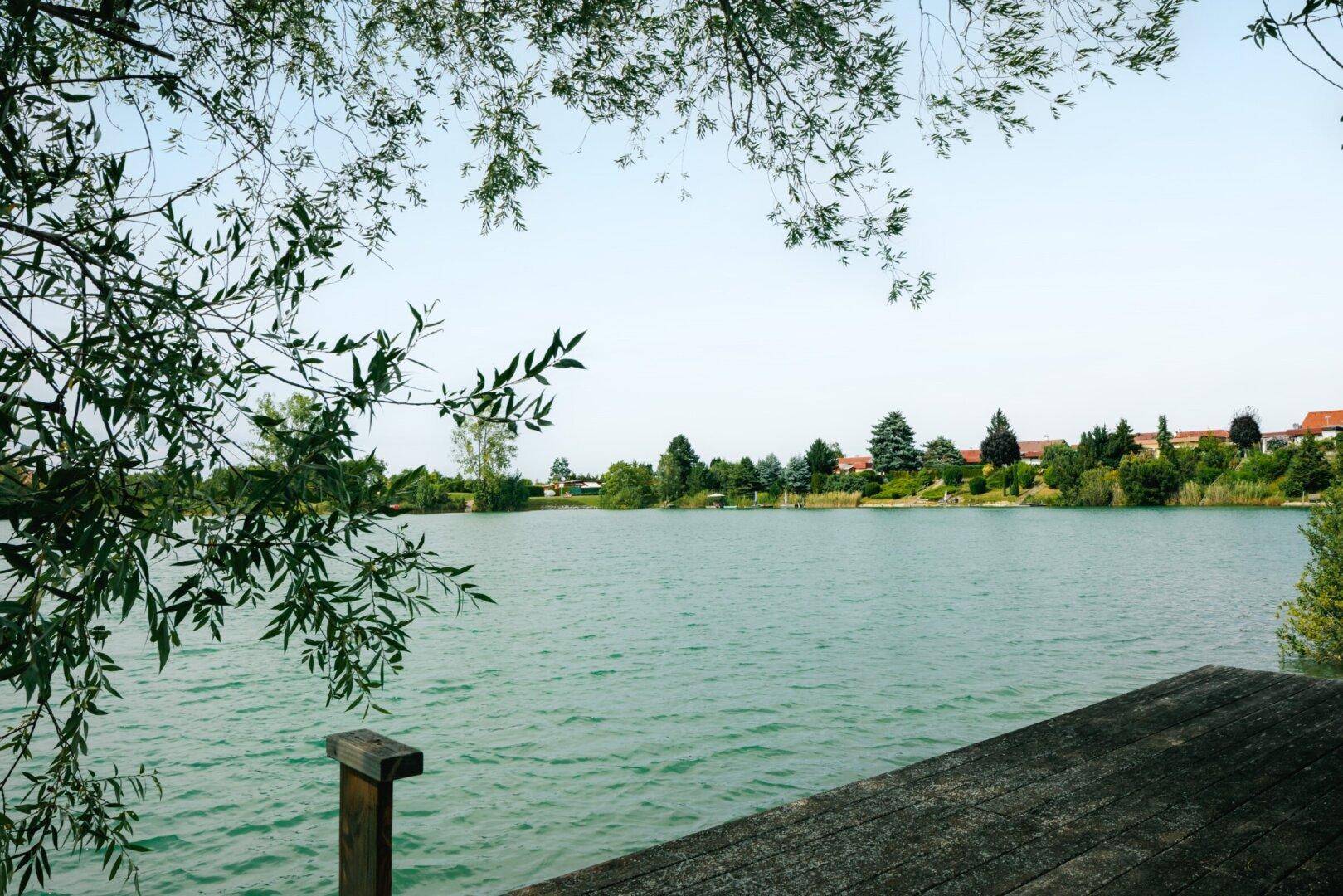Ruhiger See mit Holzdock und Blick auf die grüne Uferlandschaft unter klarem Himmel.