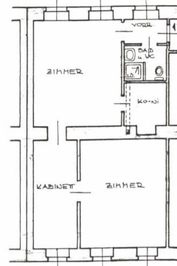 Grundriss einer Wohnung mit zwei Zimmern, einem Kabinett und einem Bad mit WC.