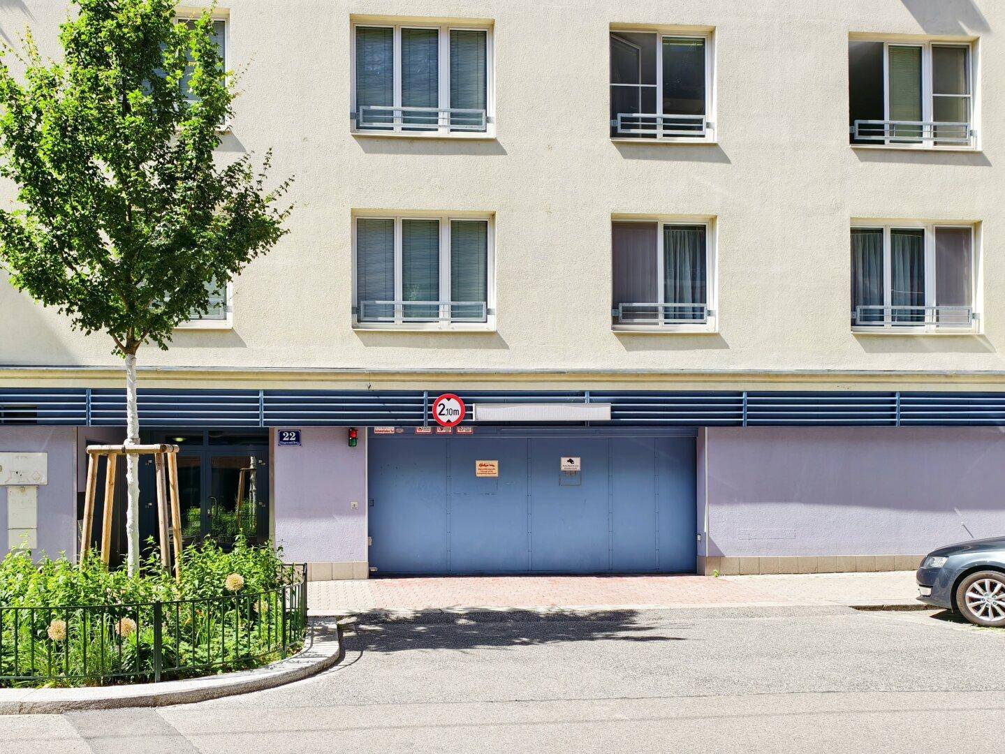 Ansicht der Tiefgarageneinfahrt eines Wohnhauses mit blauer Tür und einem jungen Baum im Vordergrund.