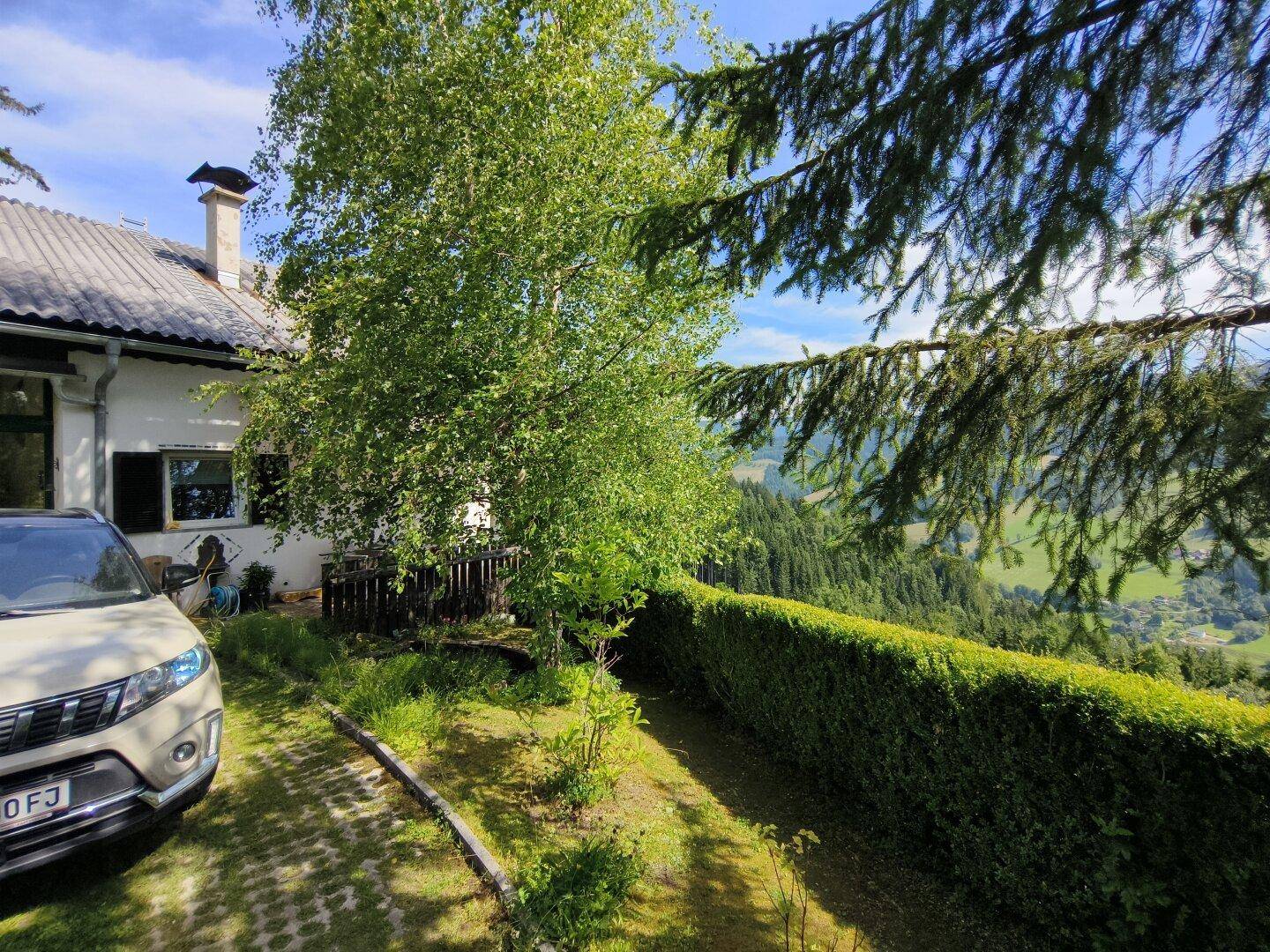 Vorderansicht des Hauses mit gepflasterter Einfahrt, umgeben von Hecken und Bäumen.
