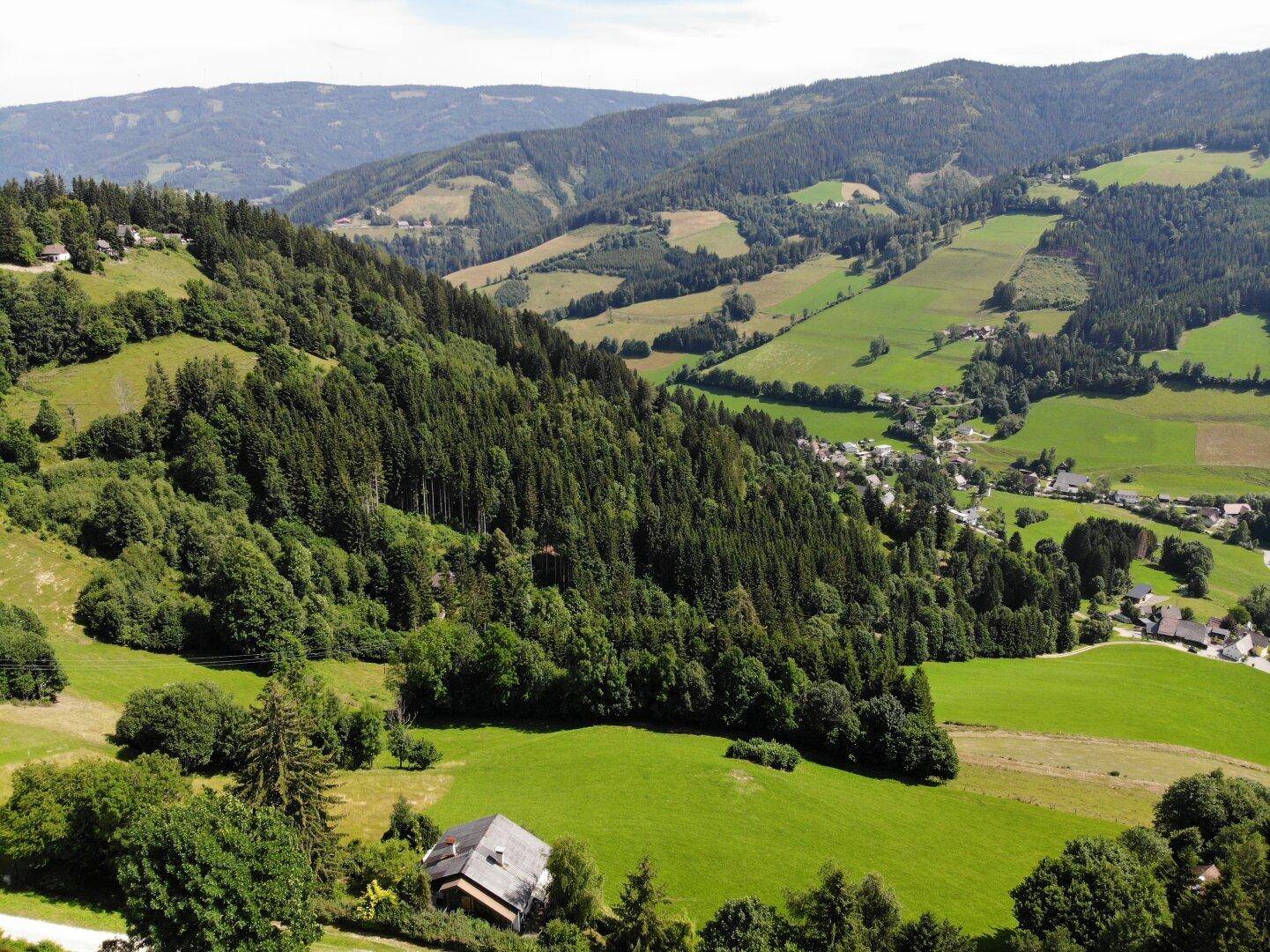 Weitwinkel-Luftaufnahme der Liegenschaft und der umliegenden grünen Hügellandschaft.
