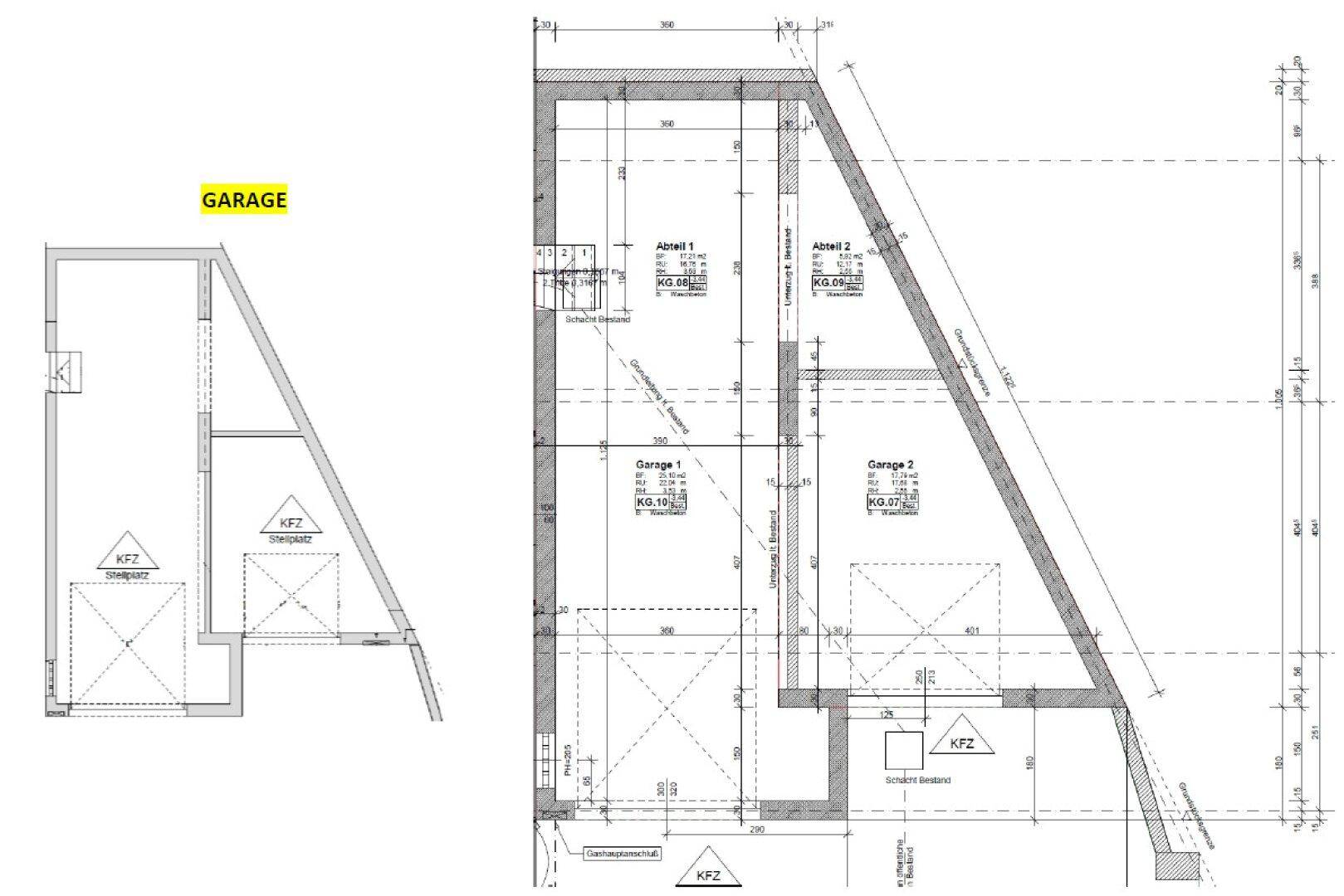 Grundriss der Garage mit zwei Stellplätzen und schräger Dachlinie.