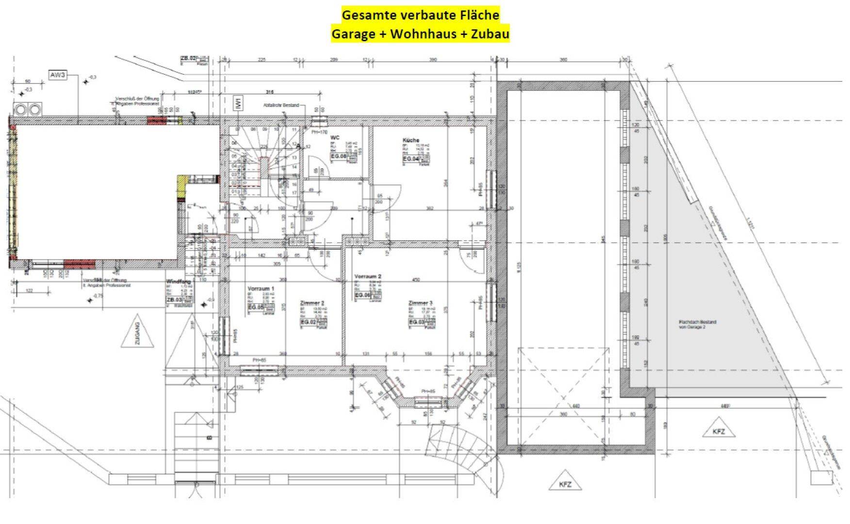 Grundriss der gesamten verbauten Fläche inklusive Garage und Wohnhausanbau.