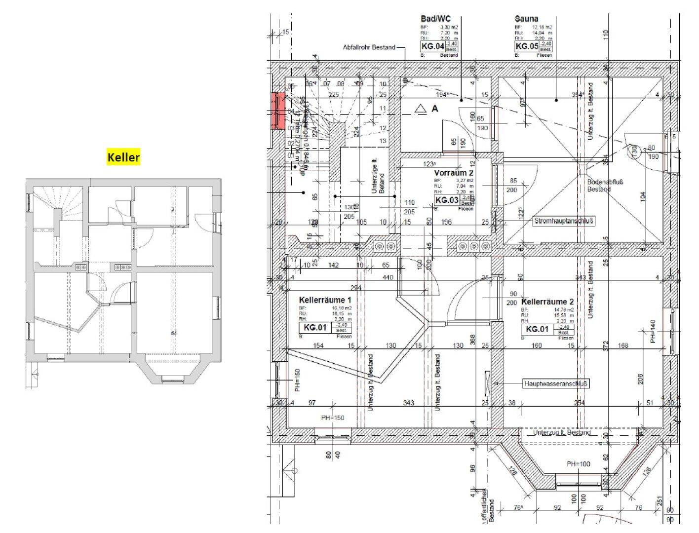 Grundriss des Kellers mit mehreren Kellerräumen, Sauna und Bad/WC.
