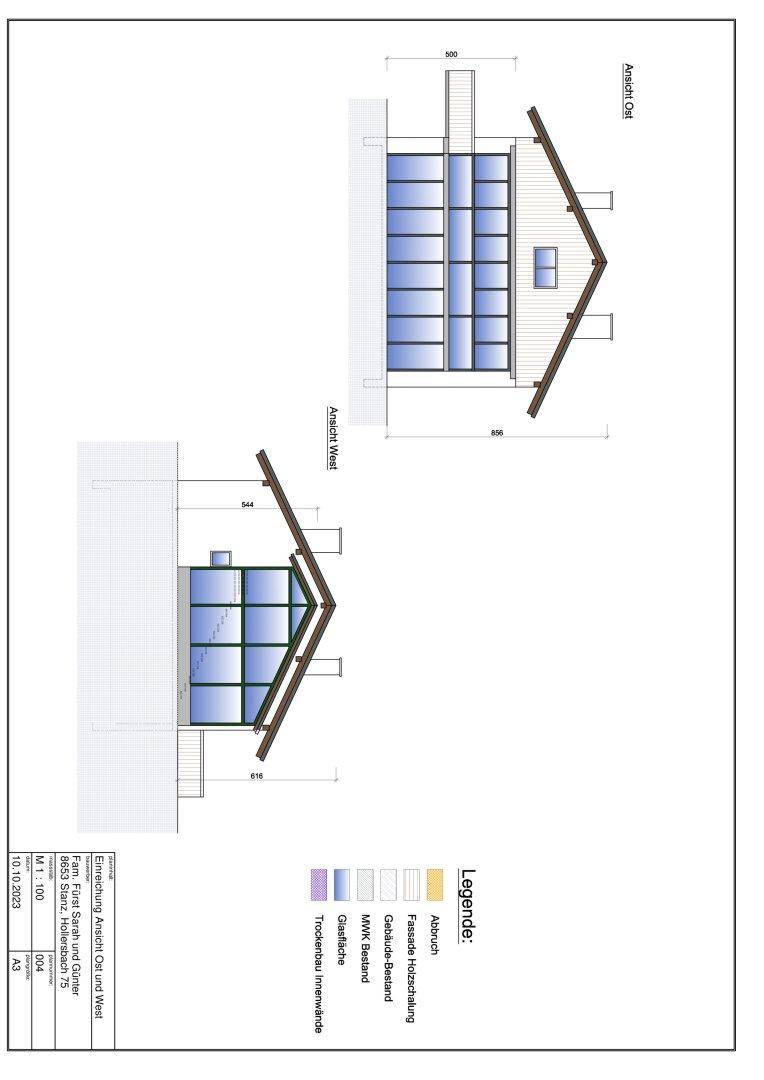 Architektonische Ansichten des Gebäudes von Ost und West mit großen Fensterflächen und Satteldach.