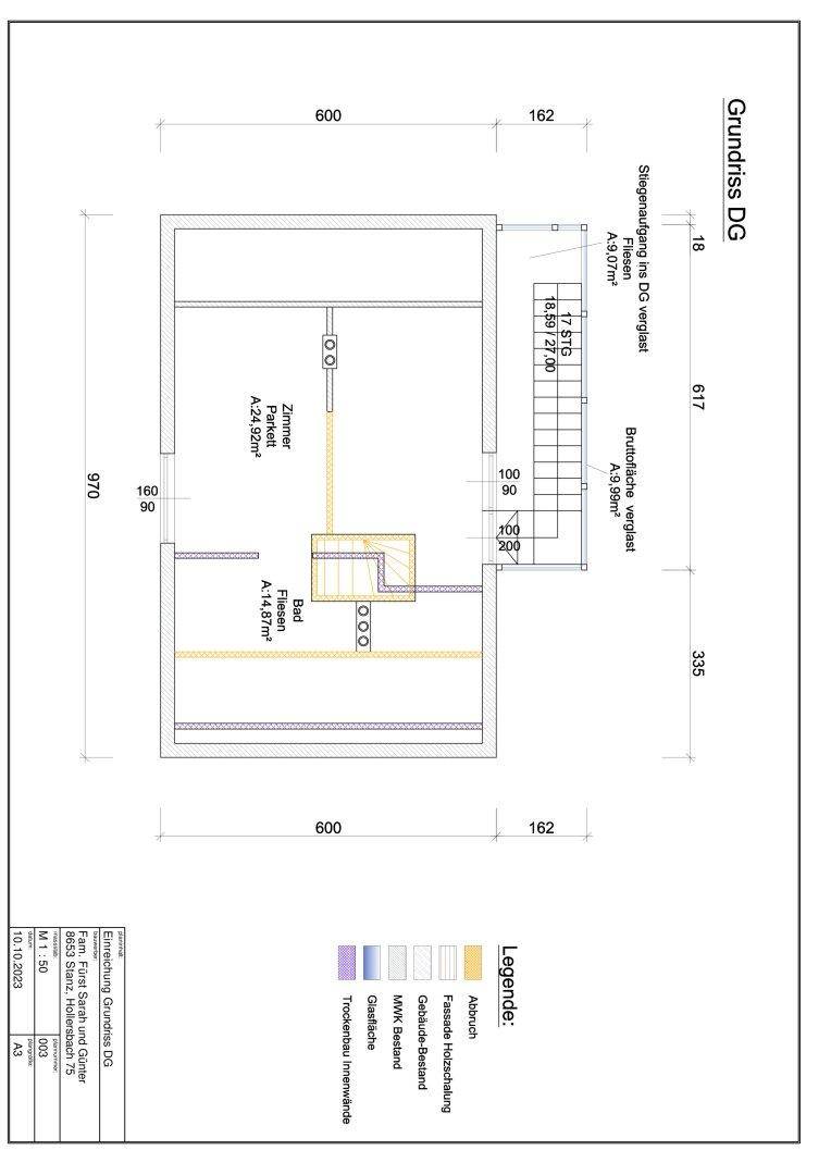 Grundriss des Dachgeschosses mit einem Zimmer, Bad und Treppenaufgang.