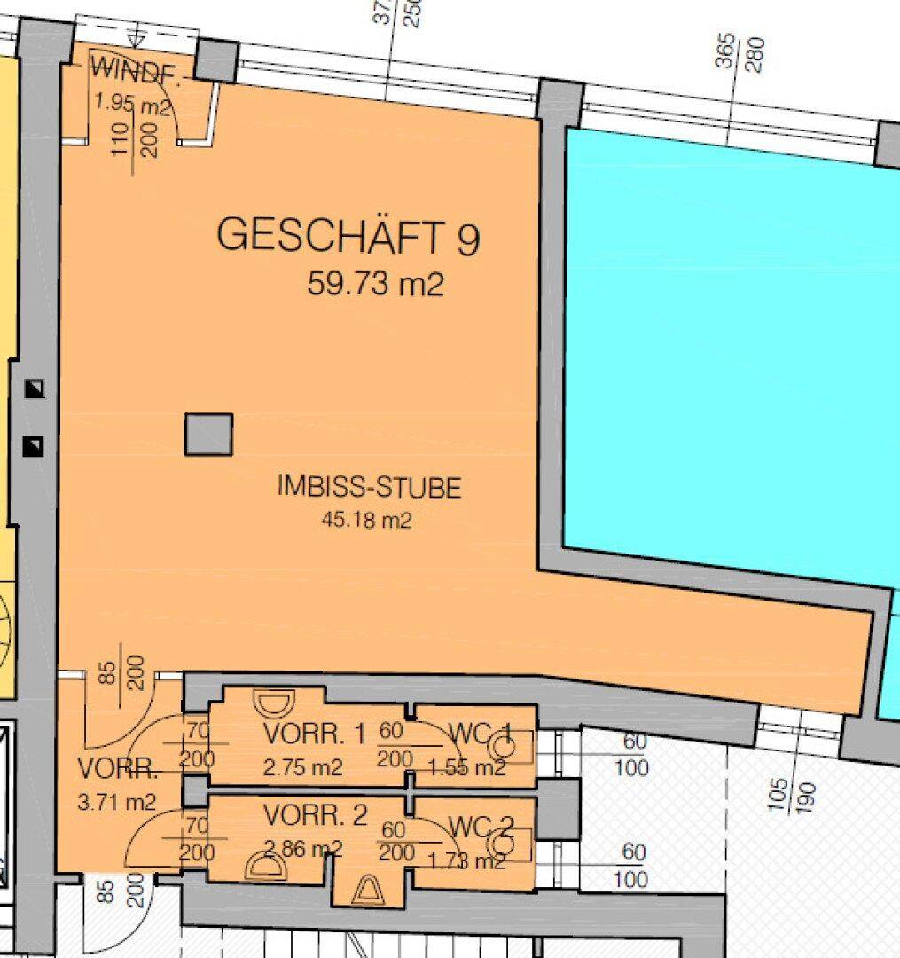 Grundriss zeigt eine Gewerbefläche mit Imbissstube und zwei Toilettenbereichen.