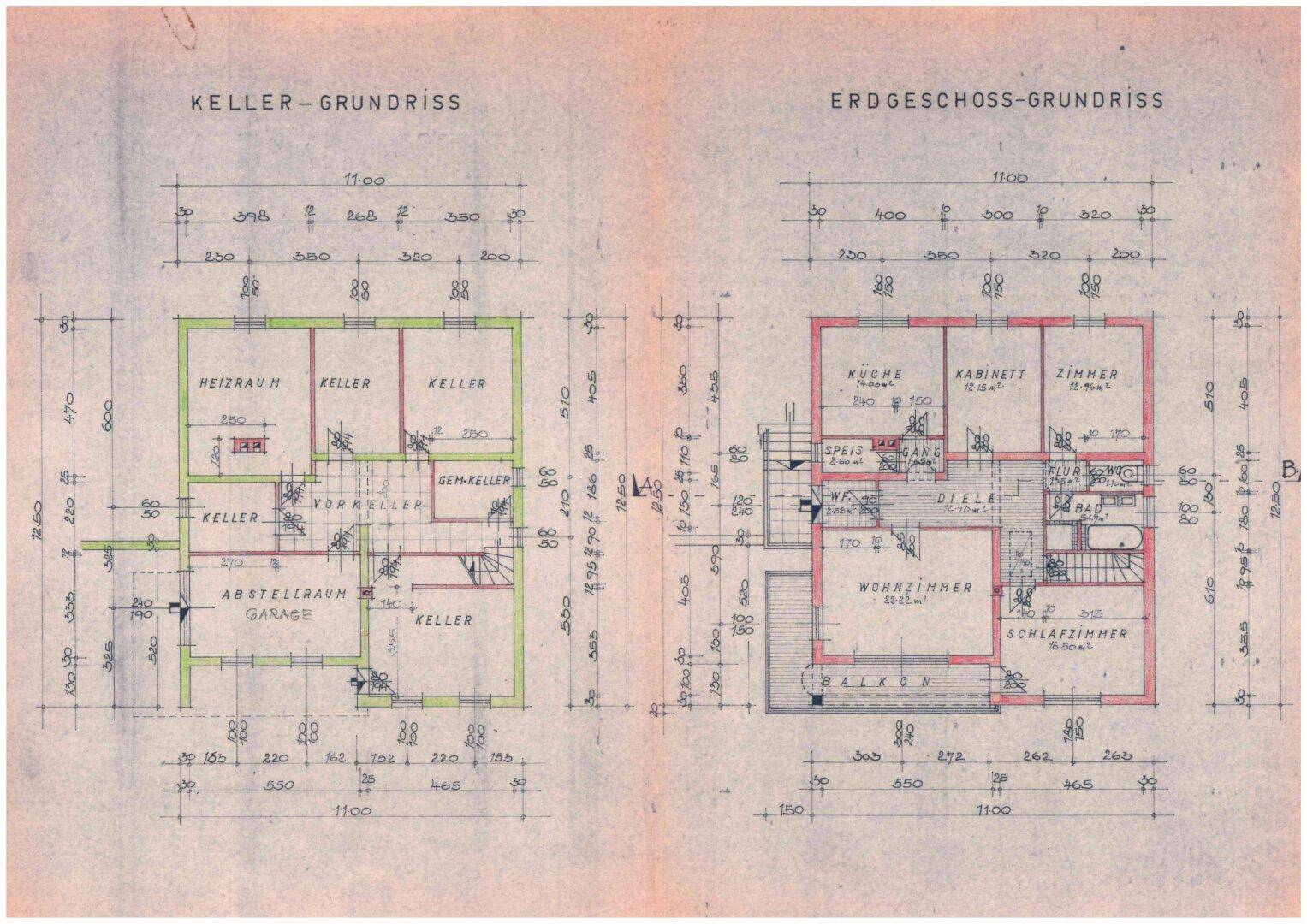 Detaillierte Grundrisse für Keller und Erdgeschoss mit Raumaufteilung und Maßen.
