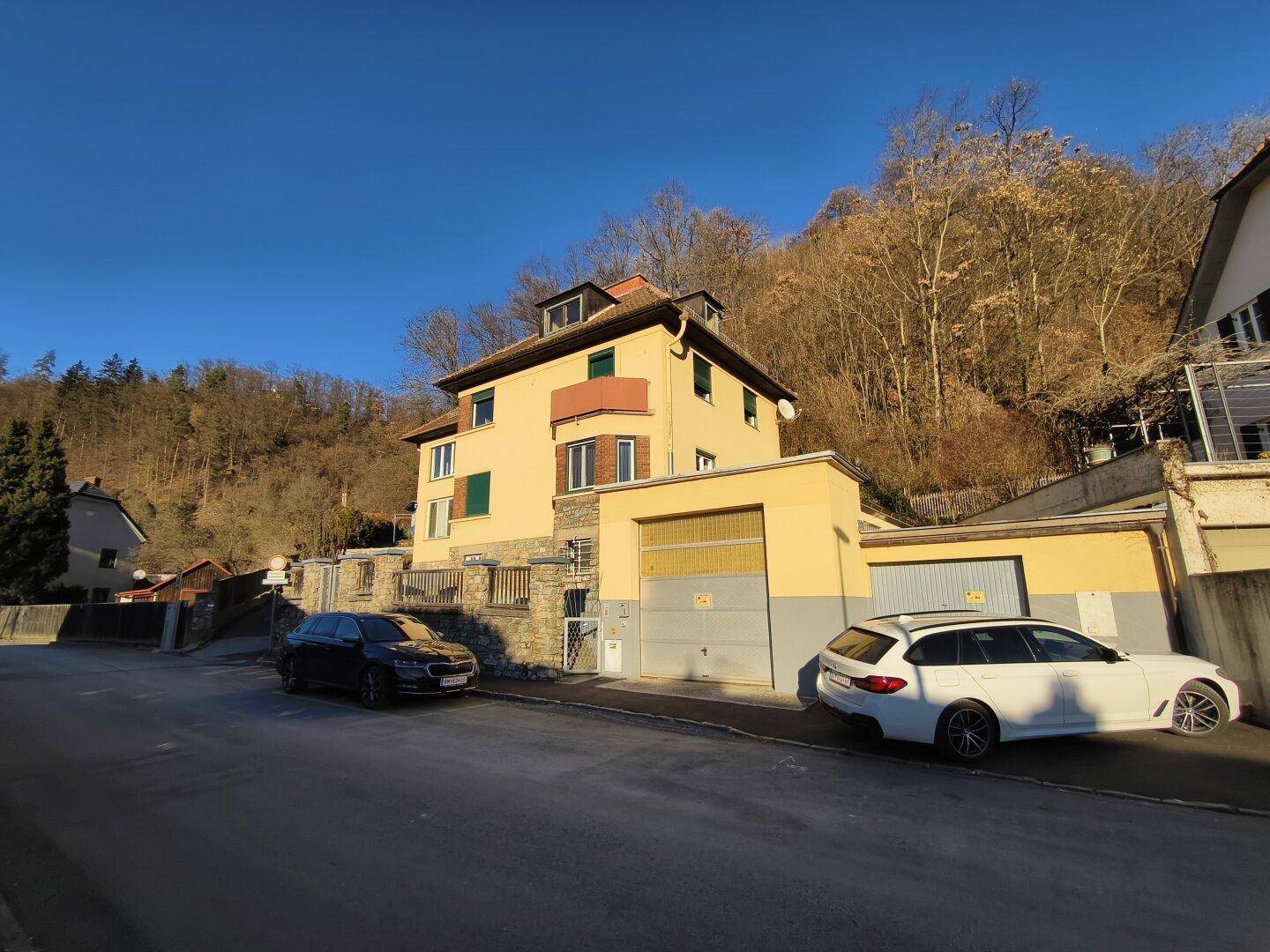 Gesamtansicht des gelben Gebäudes mit Garage und angrenzender Straße am Hang.