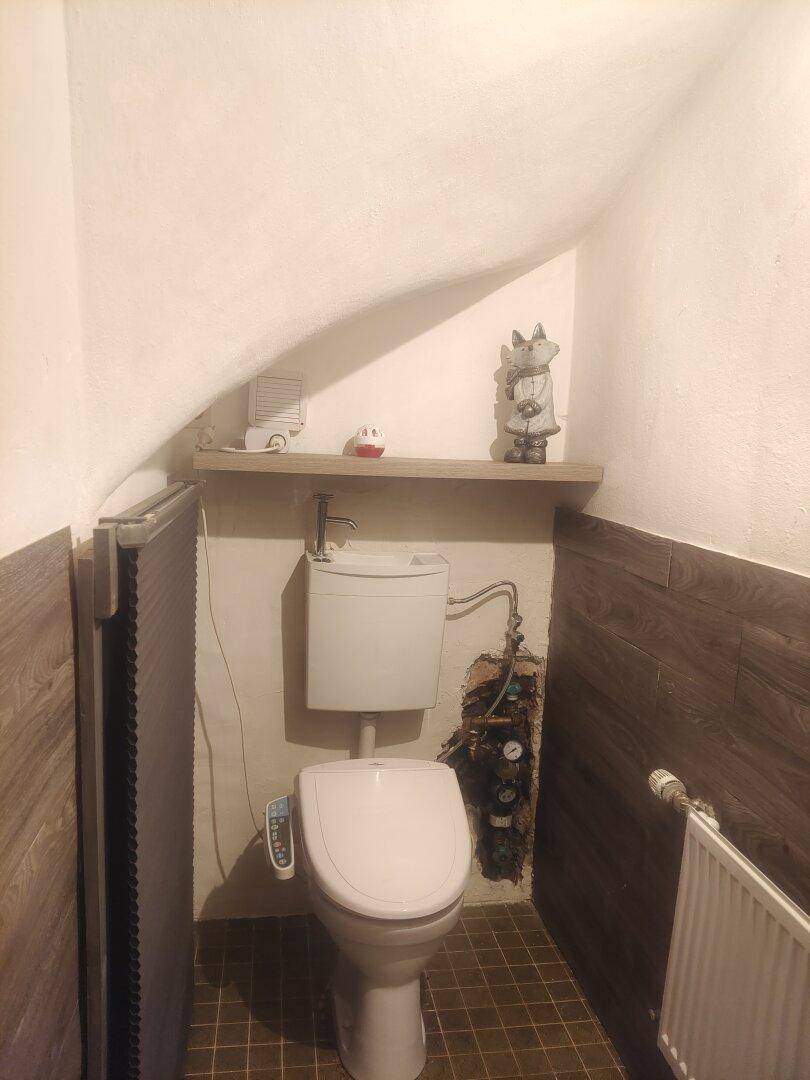 Kleines WC mit Toilette, Bidetfunktion und Holzverkleidung an der Wand.