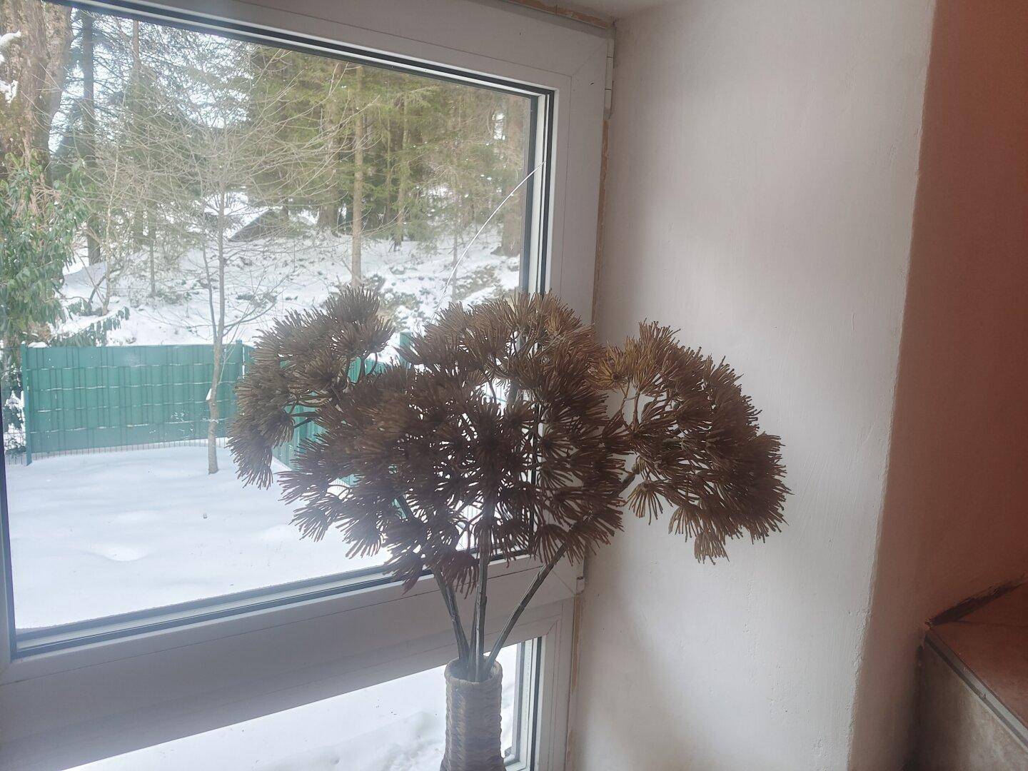 Fensterblick auf die verschneite Landschaft und den grünen Zaun im Winter.