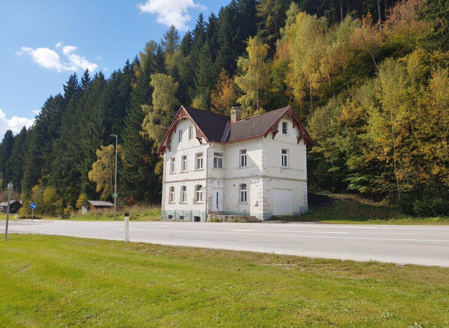 Historisches Gebäude mit weißer Fassade und rotem Dach, umgeben von Wald und einer Straße.