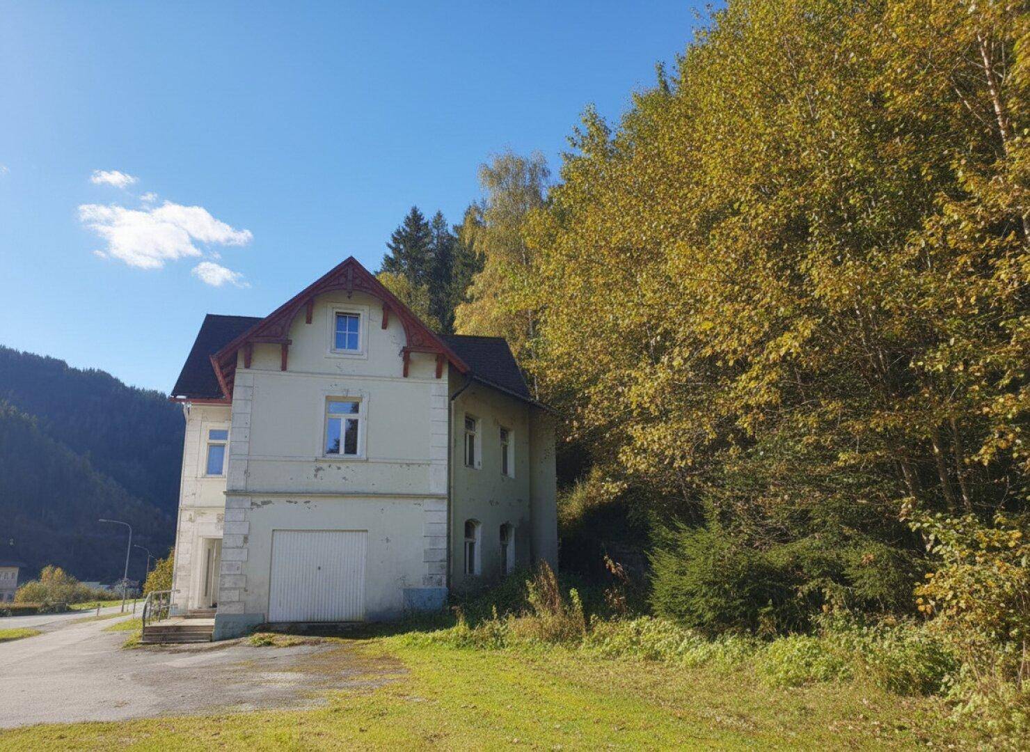 Seitenansicht des historischen Gebäudes mit Garage und umgebender Natur.