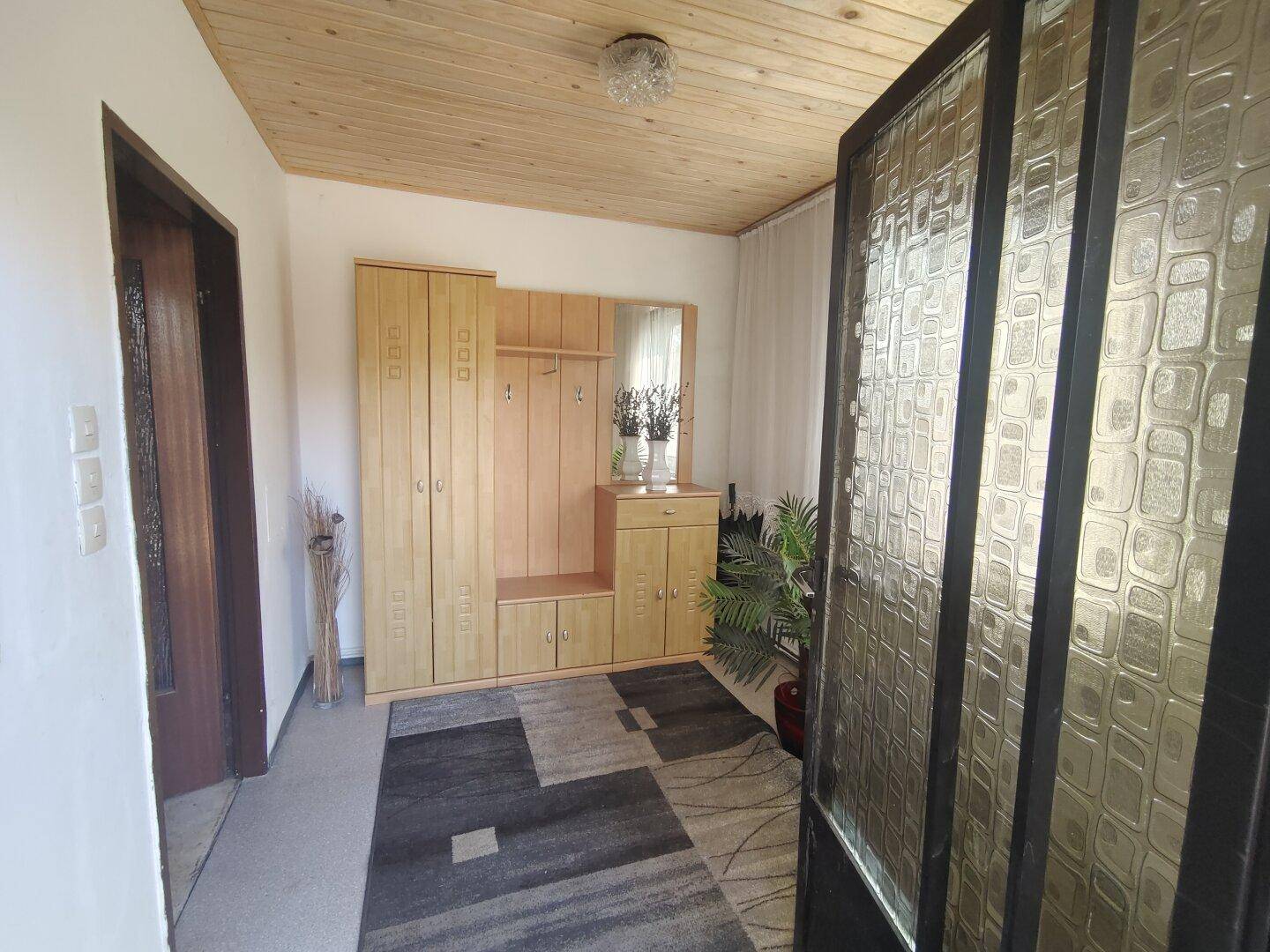 Heller Eingangsbereich mit Holzdecke, Teppichboden und praktischen Einbauschränken mit Spiegel.