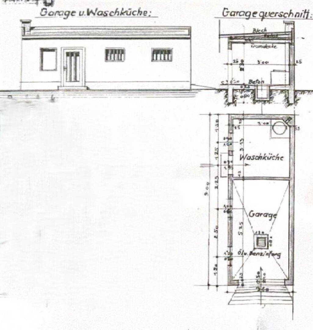 Grundriss und Schnittzeichnung einer Garage mit angrenzender Waschküche.