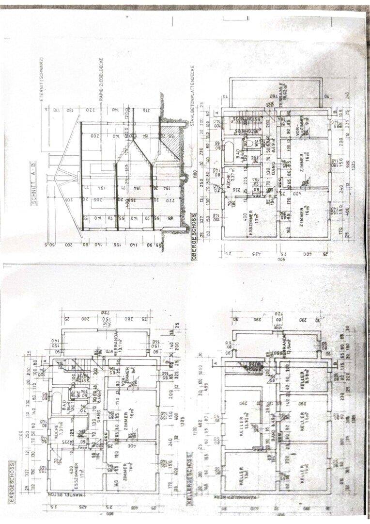 Detaillierte Grundrisse und ein Schnittplan des Gebäudes mit verschiedenen Etagen.
