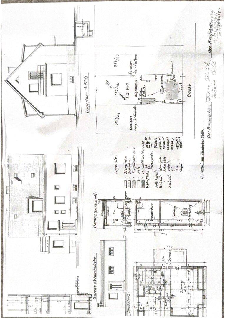 Umfassende Baupläne mit Lageplan, Fassadenansichten und Grundrissen des Anwesens.
