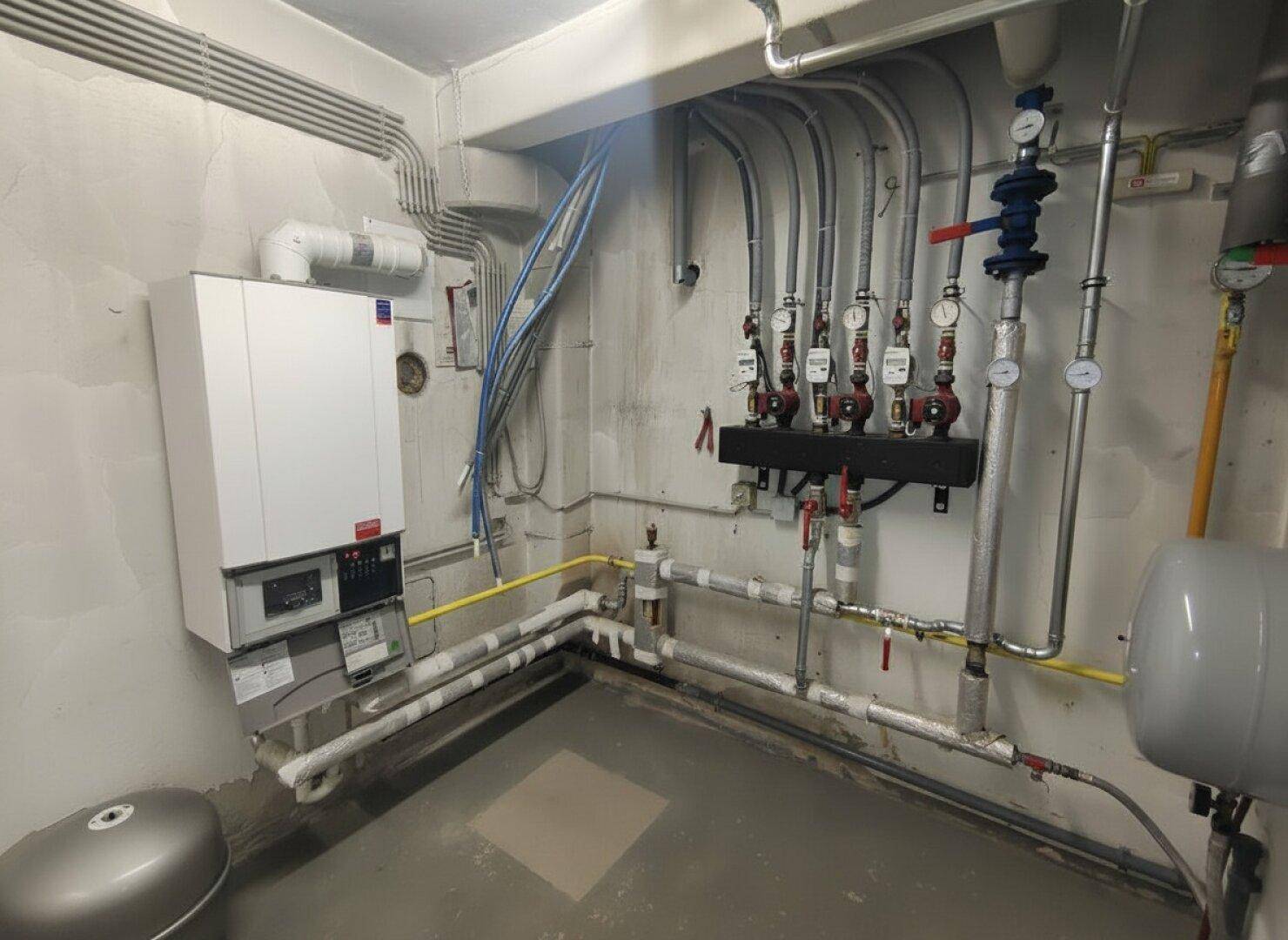 Heizungsraum mit moderner Heizungsanlage und zahlreichen Rohrleitungen.