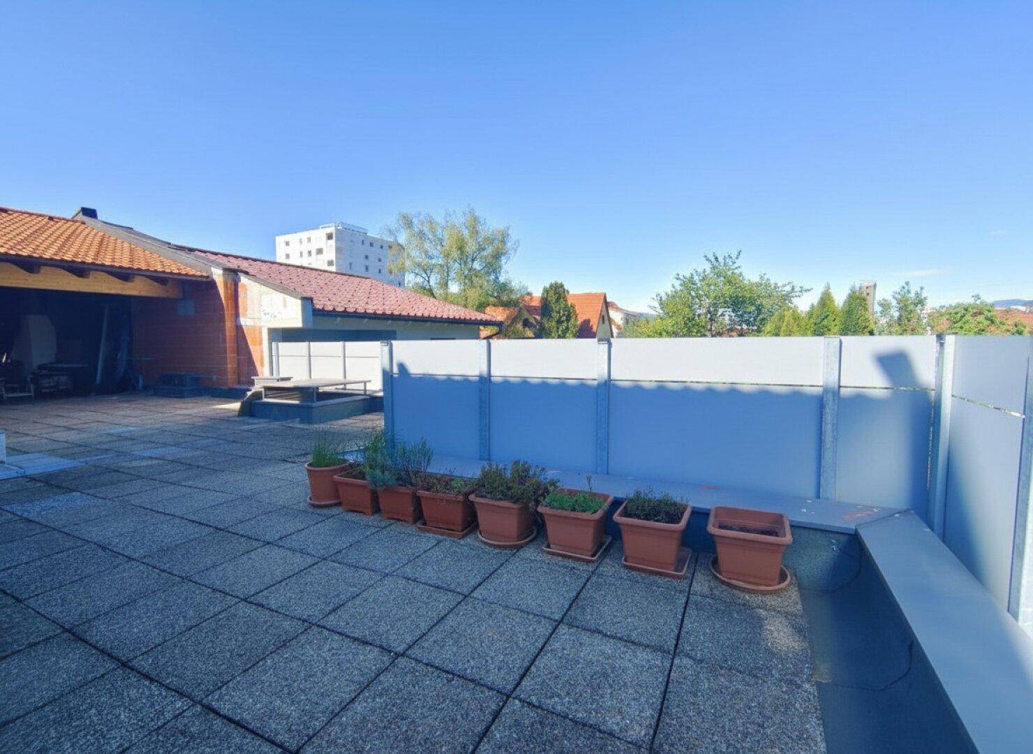 Sonnige Terrasse mit Topfpflanzen und einer niedrigen Trennwand, ideal zum Entspannen.