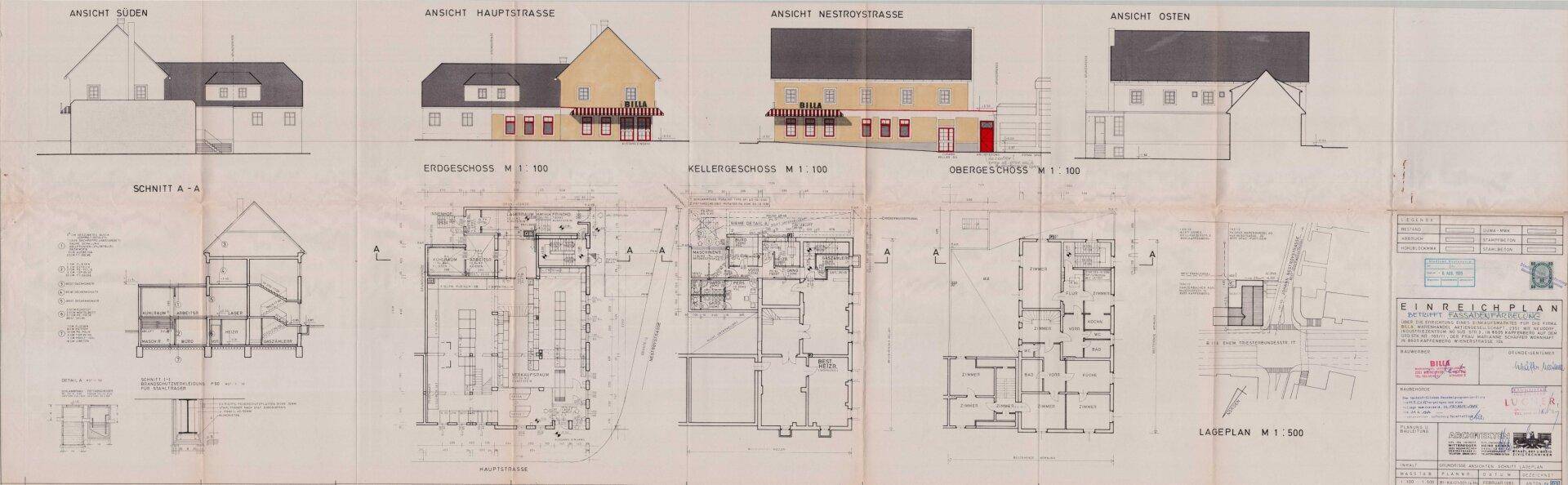 Detaillierter Bauplan mit verschiedenen Ansichten und Grundrissen des Gebäudes.