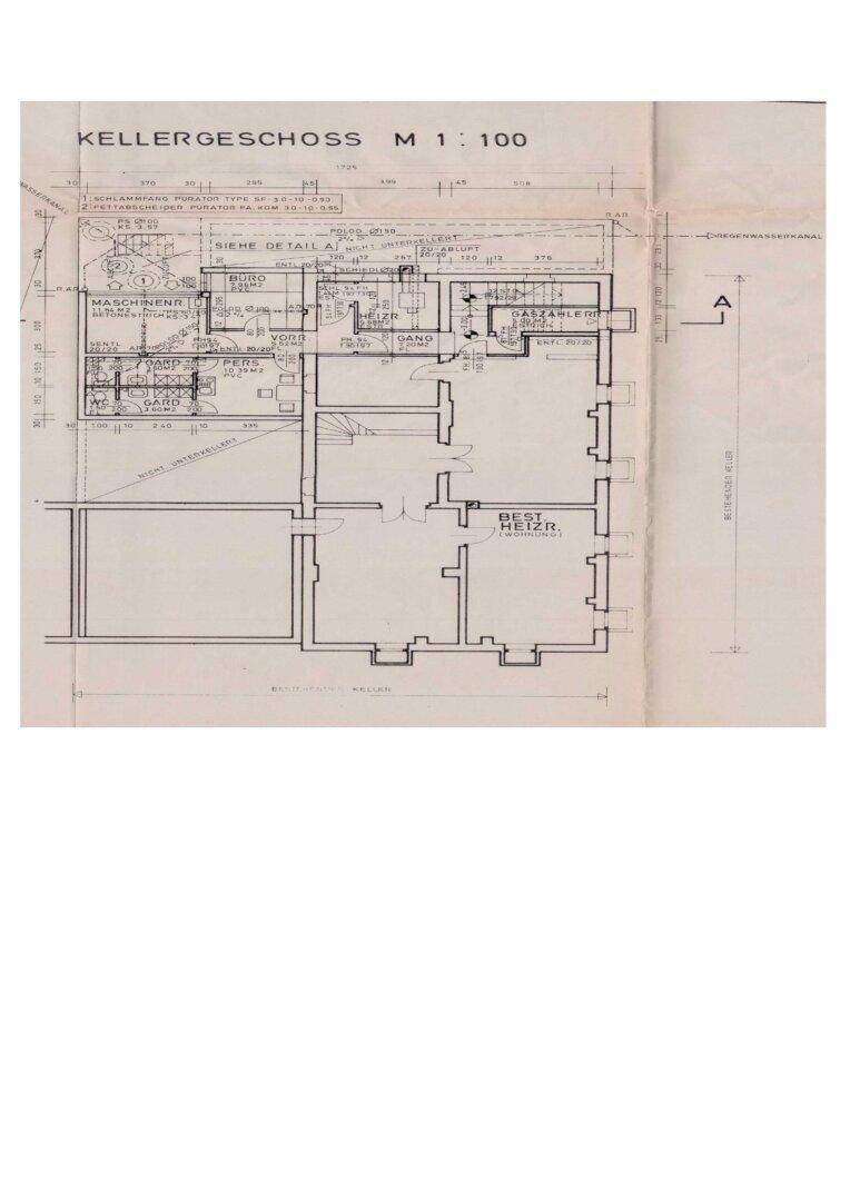 Detaillierter Grundriss des Kellergeschosses mit Heizraum und weiteren Räumen.
