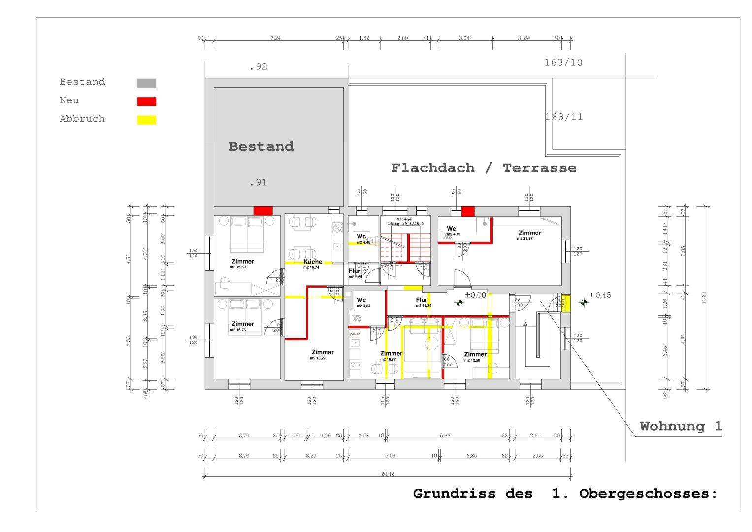 Grundriss des 1. Obergeschosses mit Kennzeichnungen für Bestand, Neubau und Abbruch.