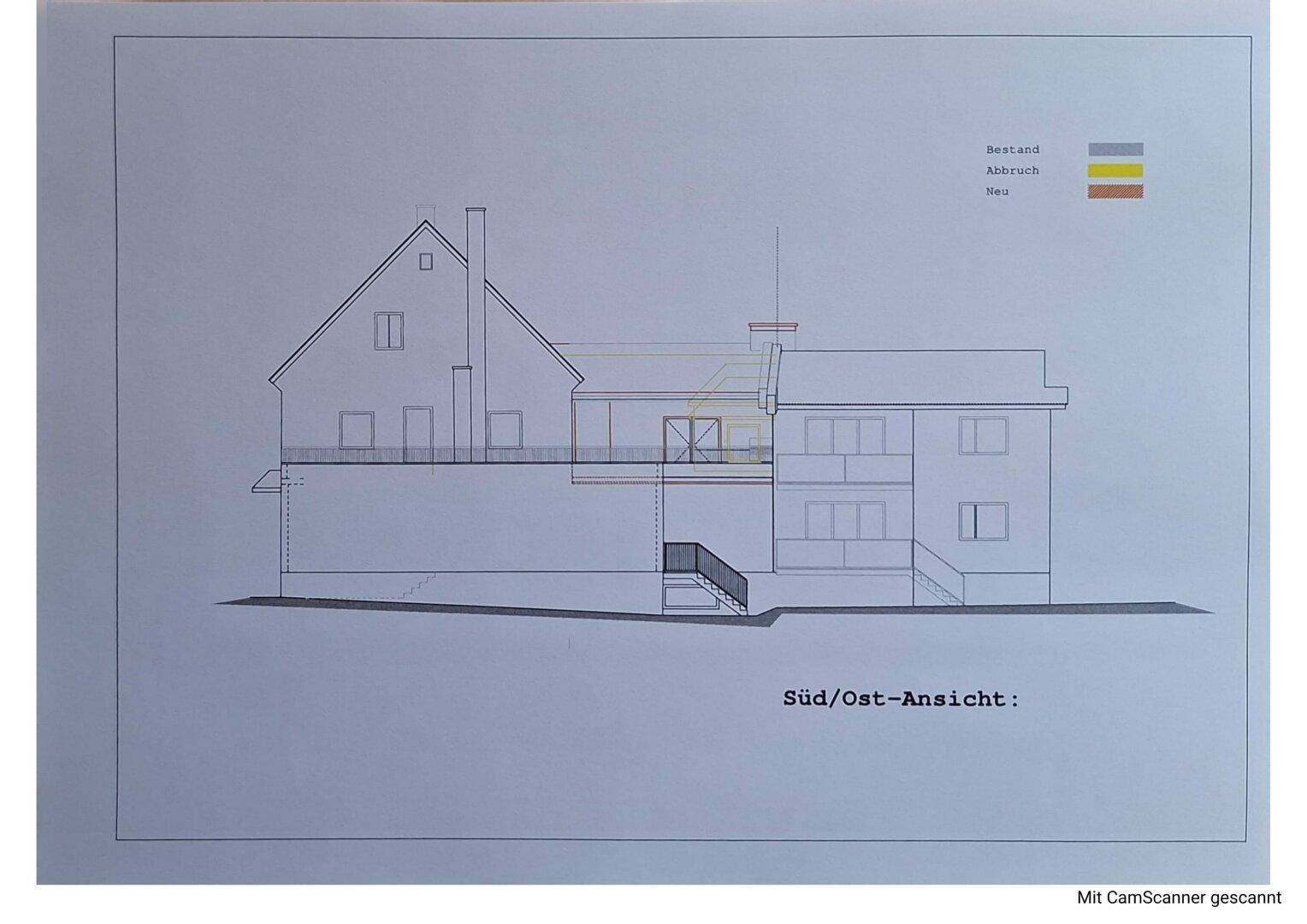 Süd/Ost-Ansicht des Gebäudes mit Treppenaufgang und Fassadendetails.