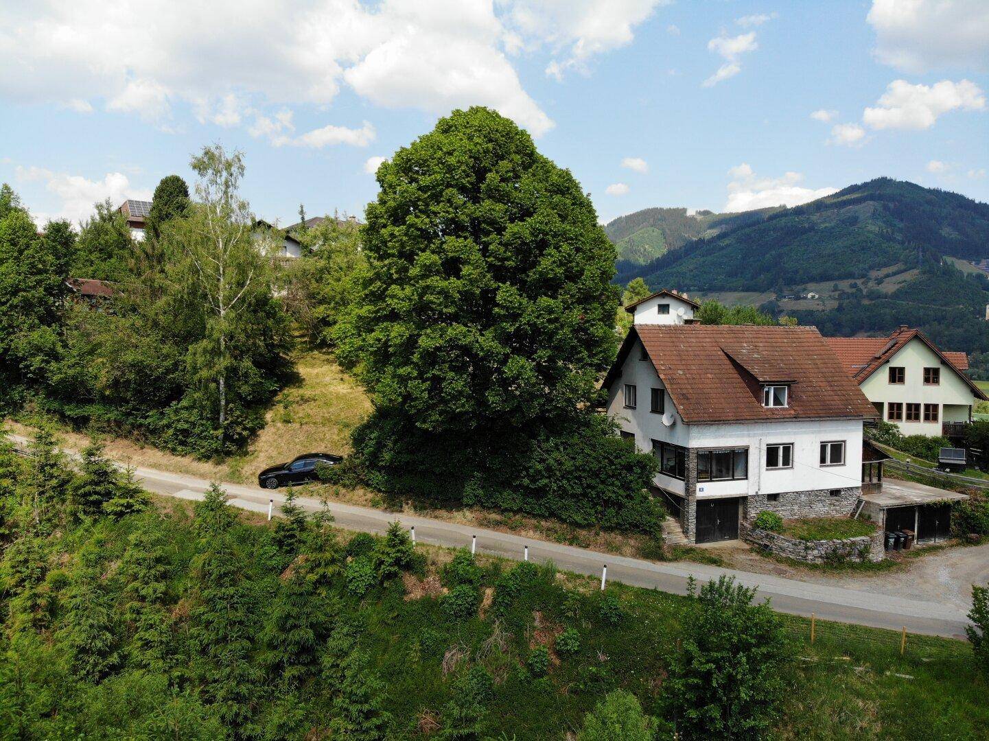 Haus in grüner Umgebung mit einem großen Baum und Bergpanorama im Hintergrund.
