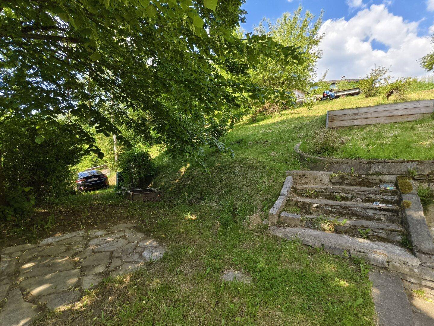 Steile Gartenanlage mit alten Steinstufen und üppiger Vegetation.