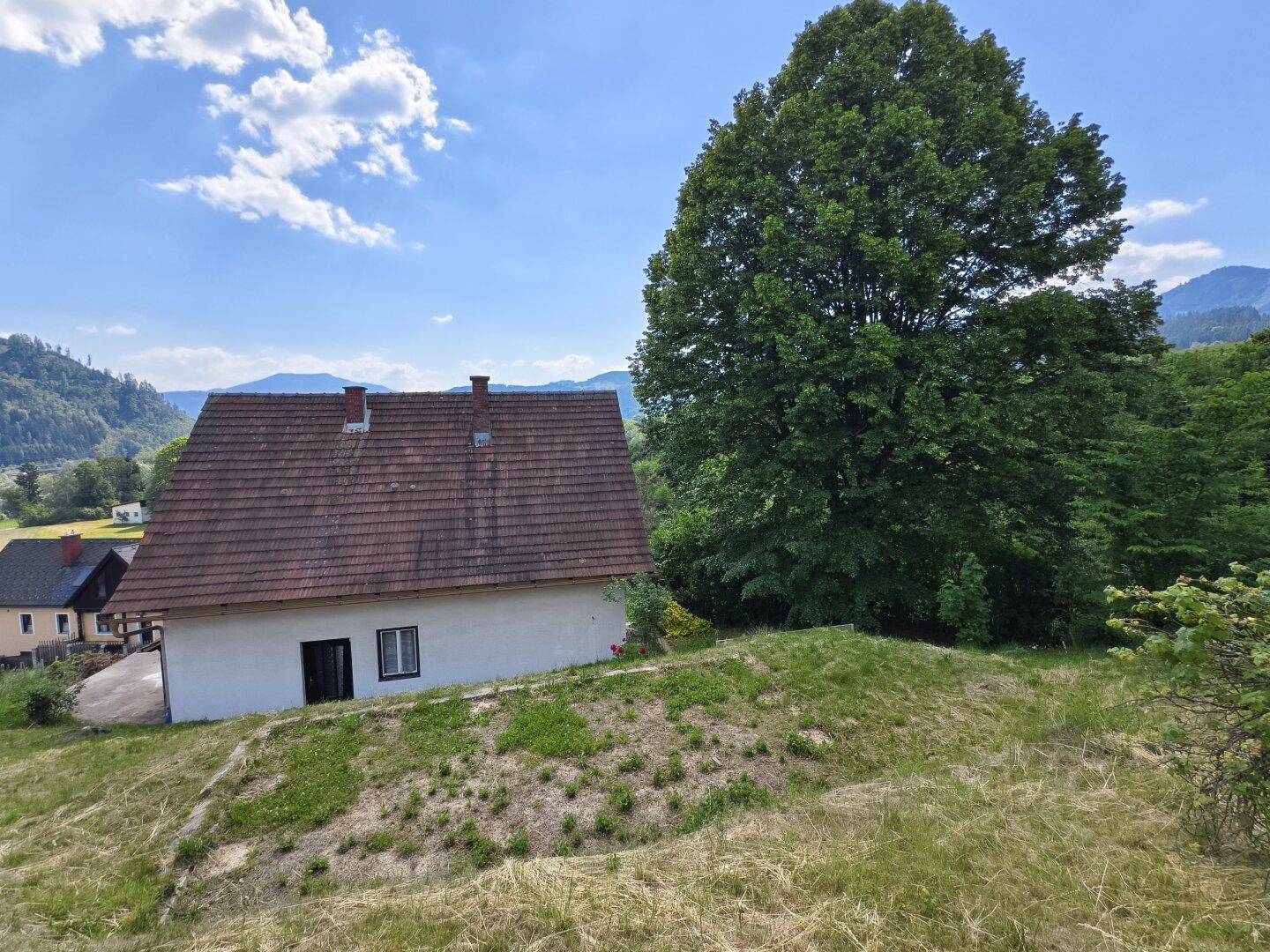 Haus in Hanglage mit großem Baum und weitem Blick auf die umliegende Natur.