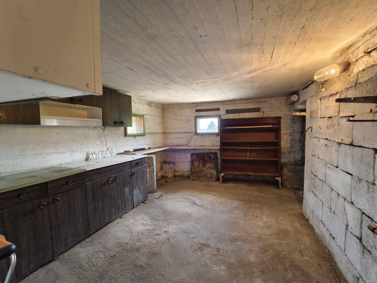Kellerraum mit Betonboden, rauen Wänden und alten Schränken, ideal als Werkstatt.