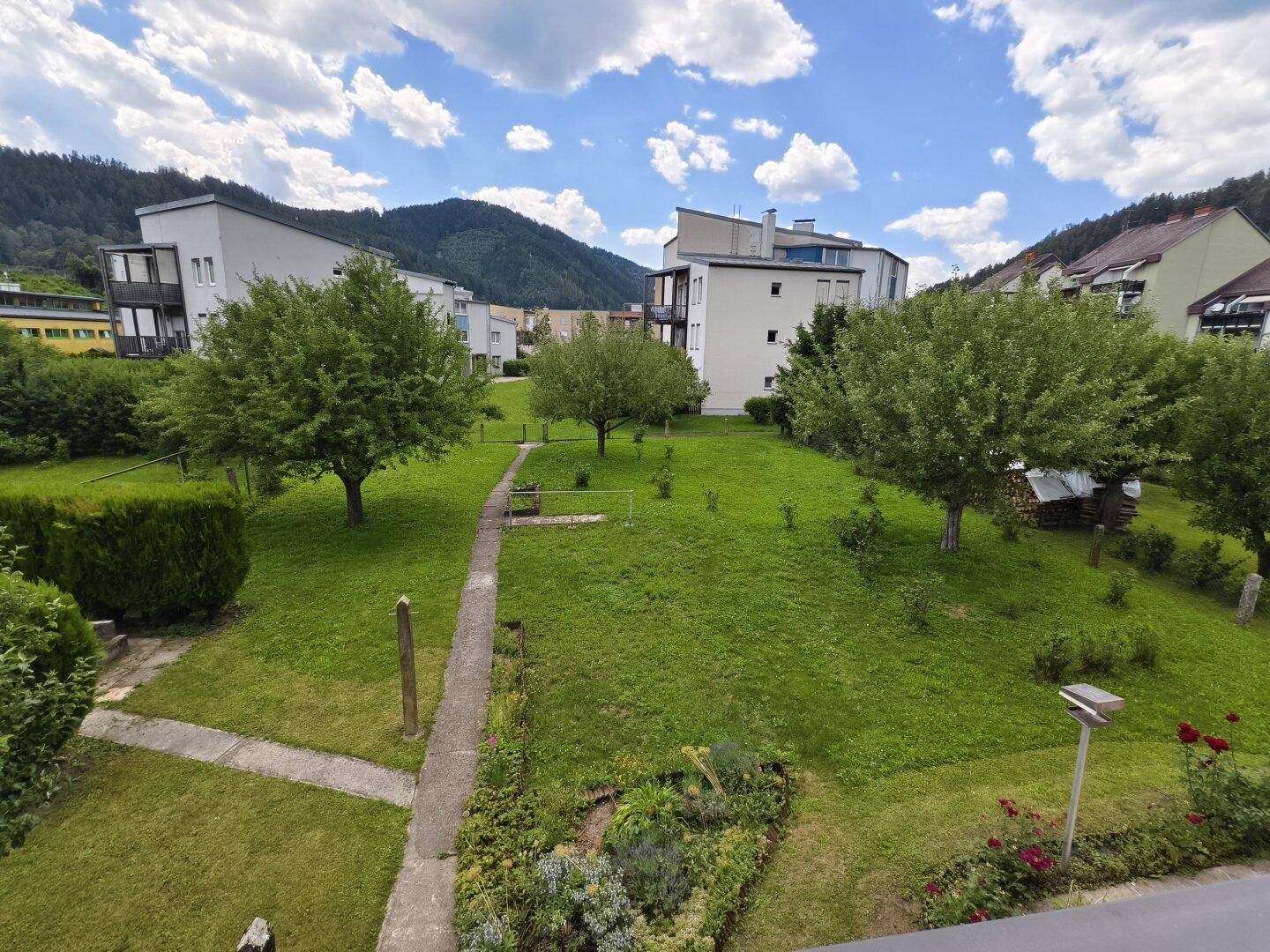 Weitläufiger Gemeinschaftsgarten mit Rasenflächen und Bäumen, umgeben von Wohngebäuden.