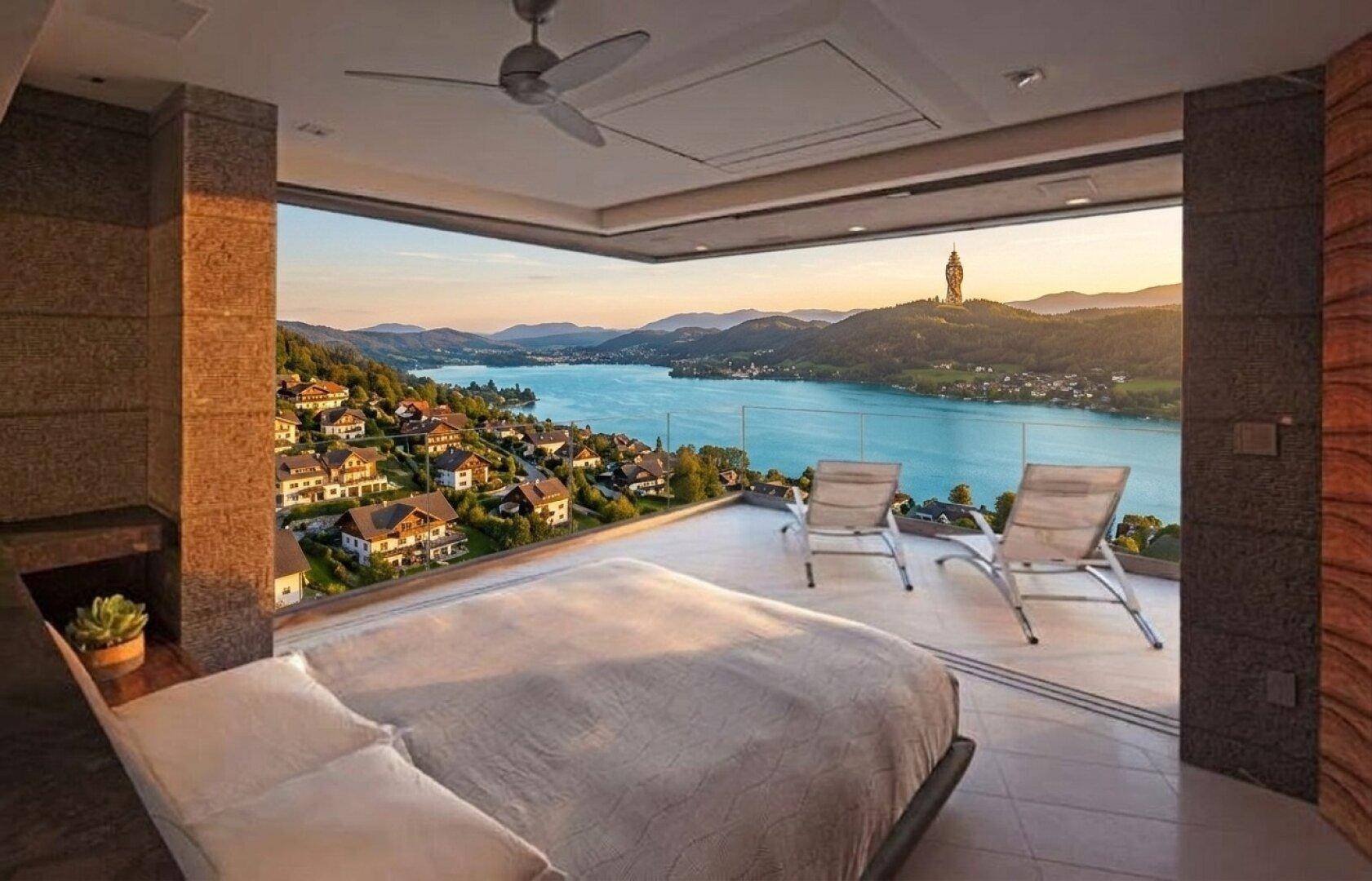Helles Schlafzimmer mit atemberaubendem Seeblick, großem Balkon und moderner Einrichtung.
