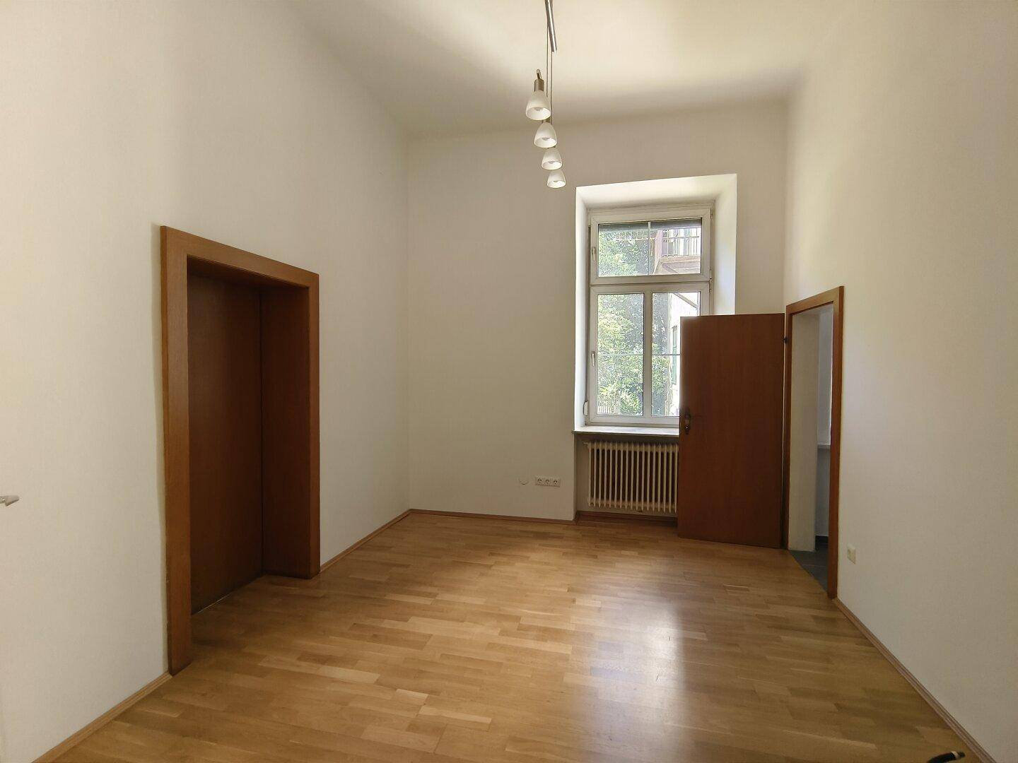Geräumiger Raum mit Holzboden, hohen Decken und zwei Türen, die zu weiteren Zimmern führen.