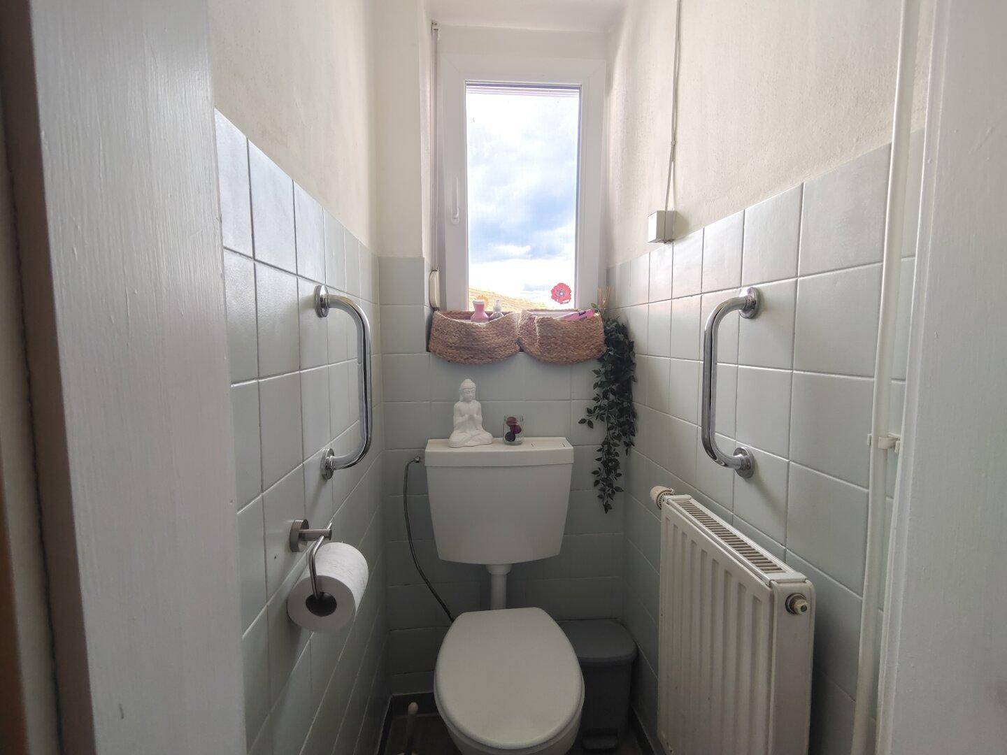 Kleines WC mit Toilette, Haltegriffen und einem Fenster für natürliche Belüftung.