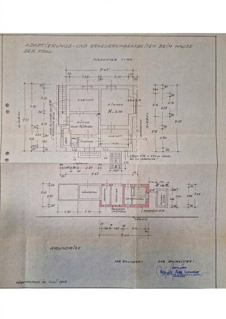 Alter Grundrissplan mit Maßangaben und Raumaufteilung für ein Haus aus dem Jahr 1962.