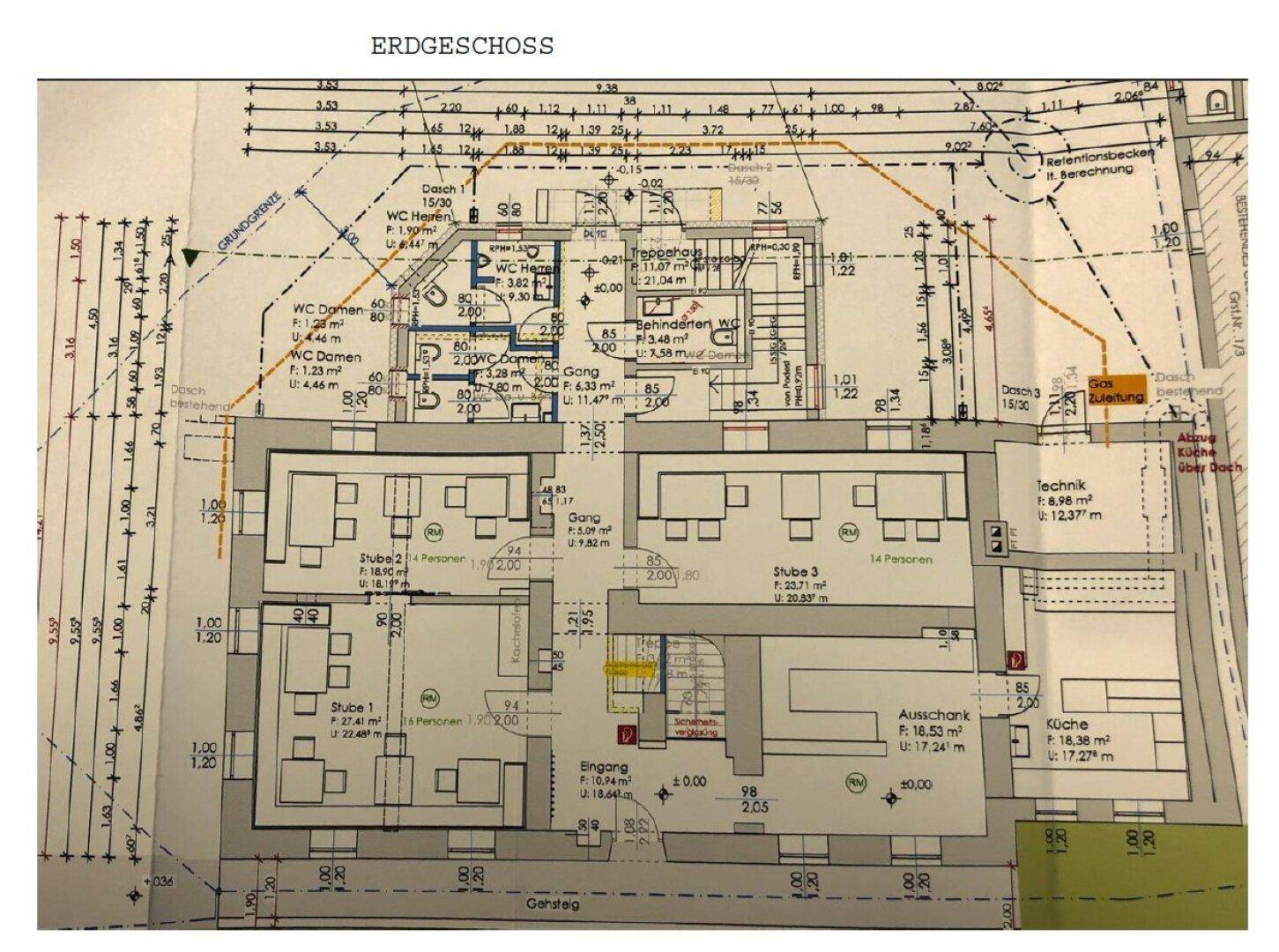 Grundriss des Erdgeschosses mit Gasträumen, Küche und Sanitäranlagen.