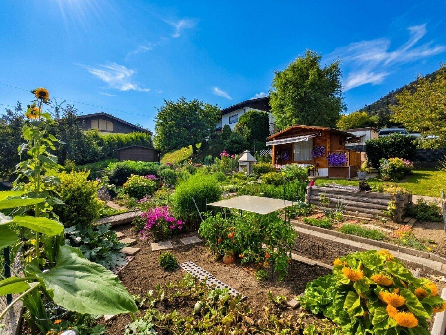 Gepflegter Gemüsegarten mit vielfältigen Pflanzen und Blumen, umgeben von grüner Natur.