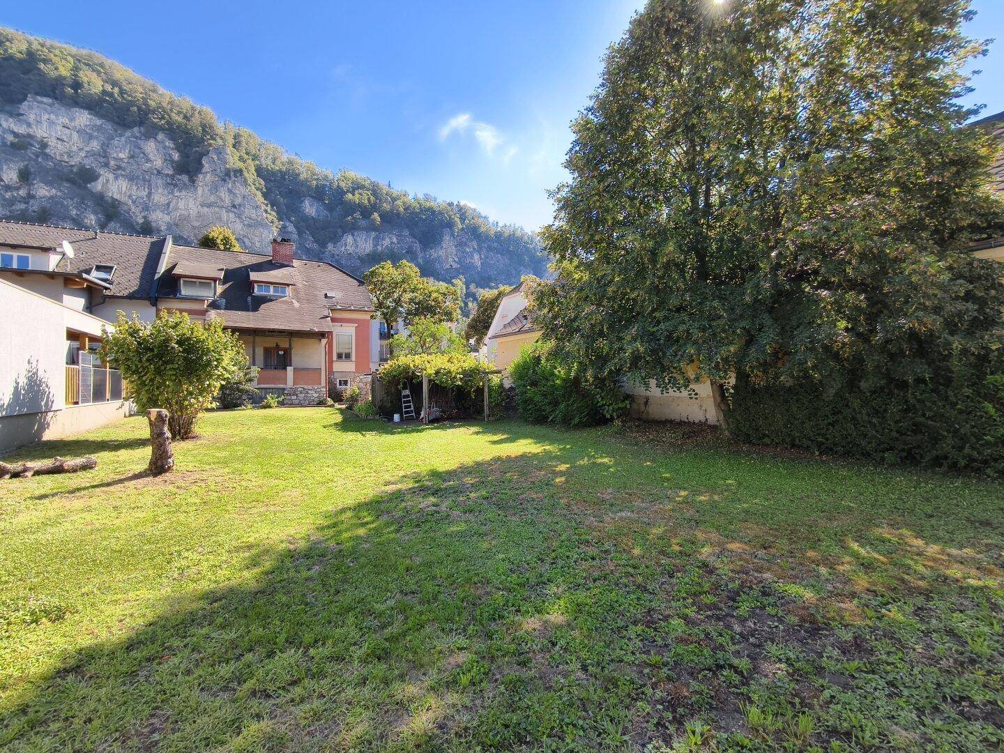 Sonniger Garten mit Rasenfläche, altem Baumbestand und beeindruckendem Bergblick.