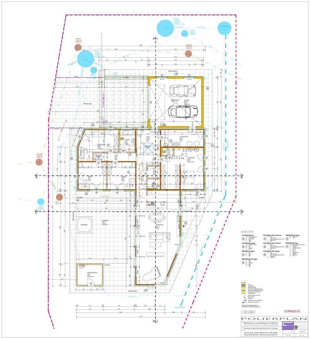 Detaillierter Polierplan des Hauses mit Grundriss, Abmessungen und technischen Details.