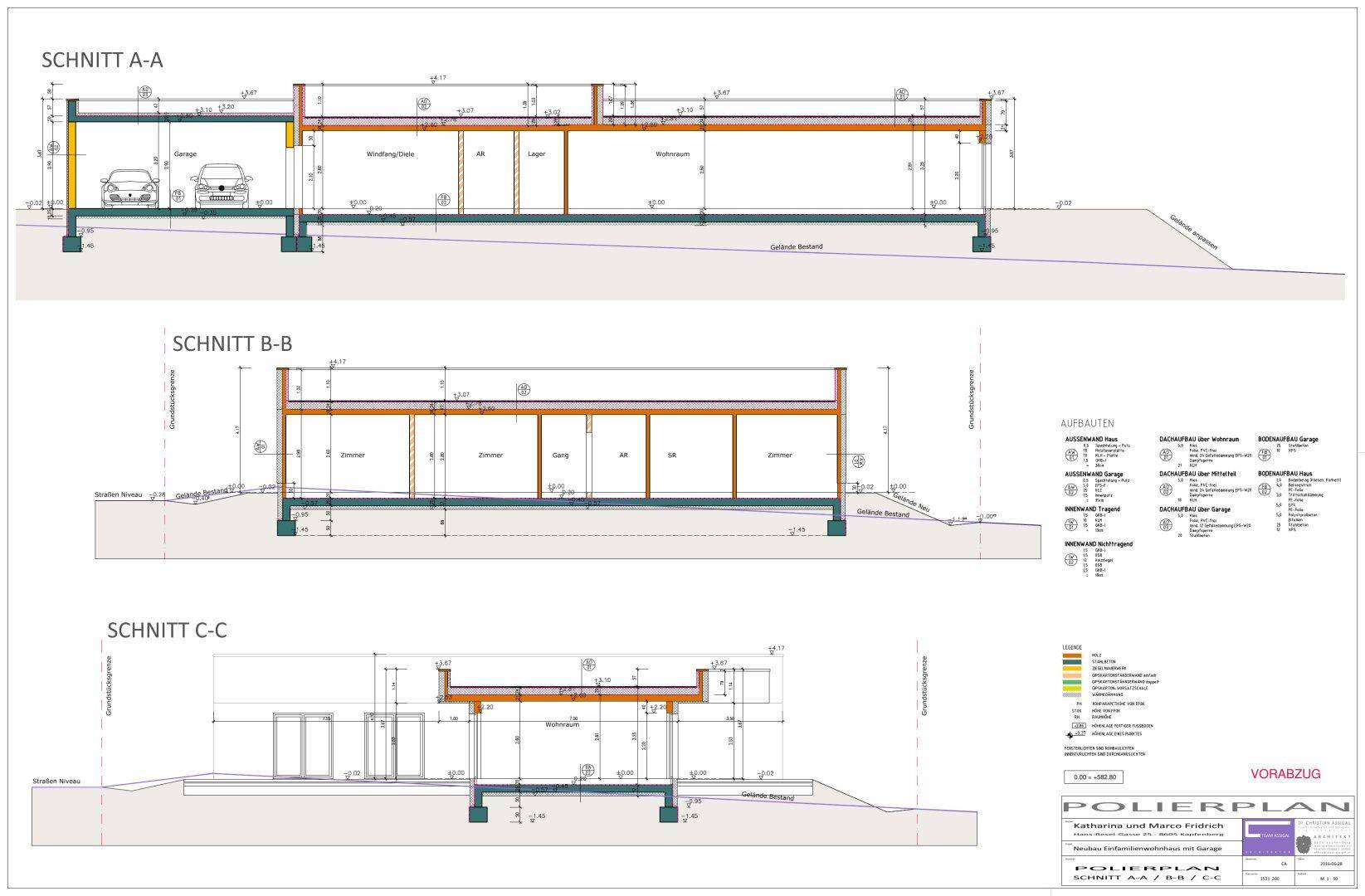 Architektonische Schnittzeichnungen des Gebäudes mit Tiefgarage und verschiedenen Ebenen.