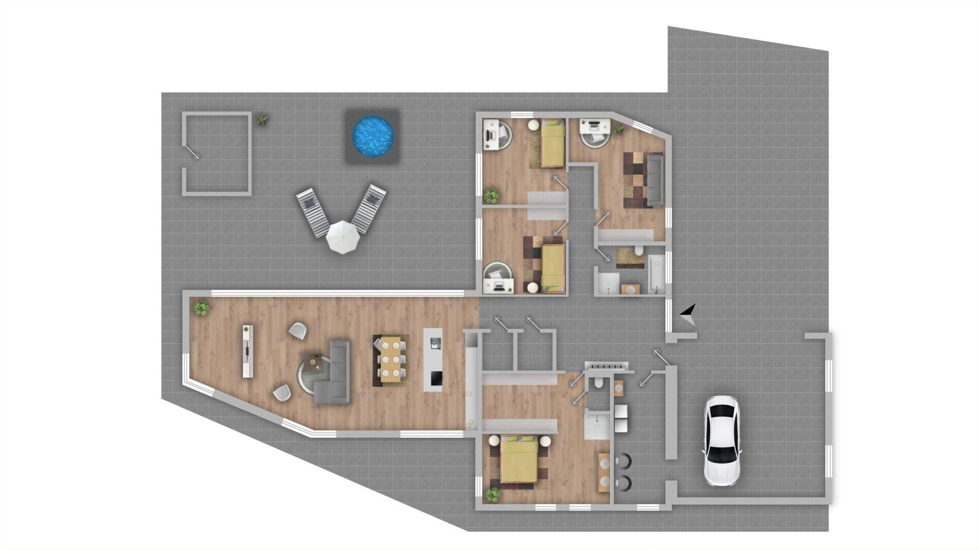 Grundriss einer Wohnung mit offenem Wohnbereich, drei Schlafzimmern, mehreren Bädern und großer Terrasse mit Whirlpool.