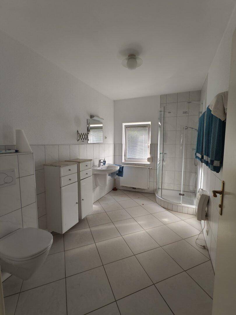 Modernes Badezimmer mit weißen Fliesen, WC, Waschbecken und einer Eckduschkabine.