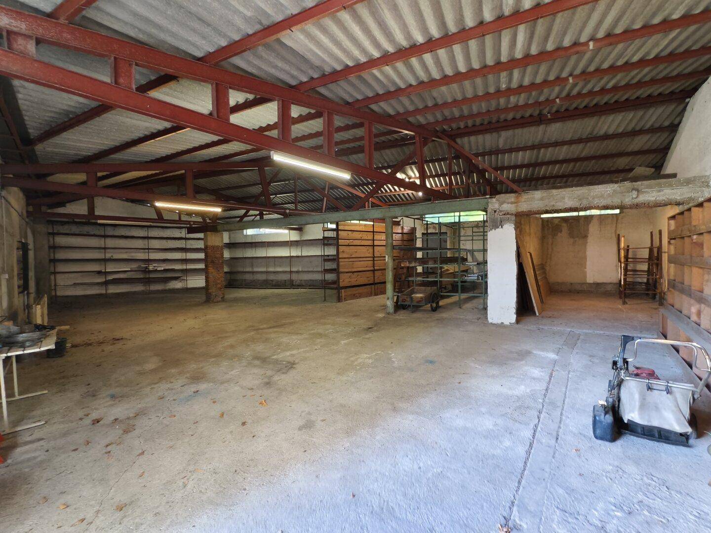 Große, leere Halle mit Betonboden und sichtbarer Dachkonstruktion, ideal als Werkstatt oder Lager.