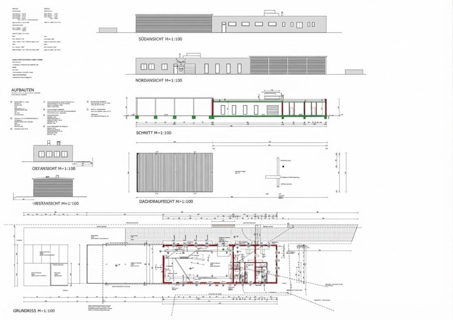Architektonische Pläne mit verschiedenen Ansichten und einem Grundriss eines Gebäudes.
