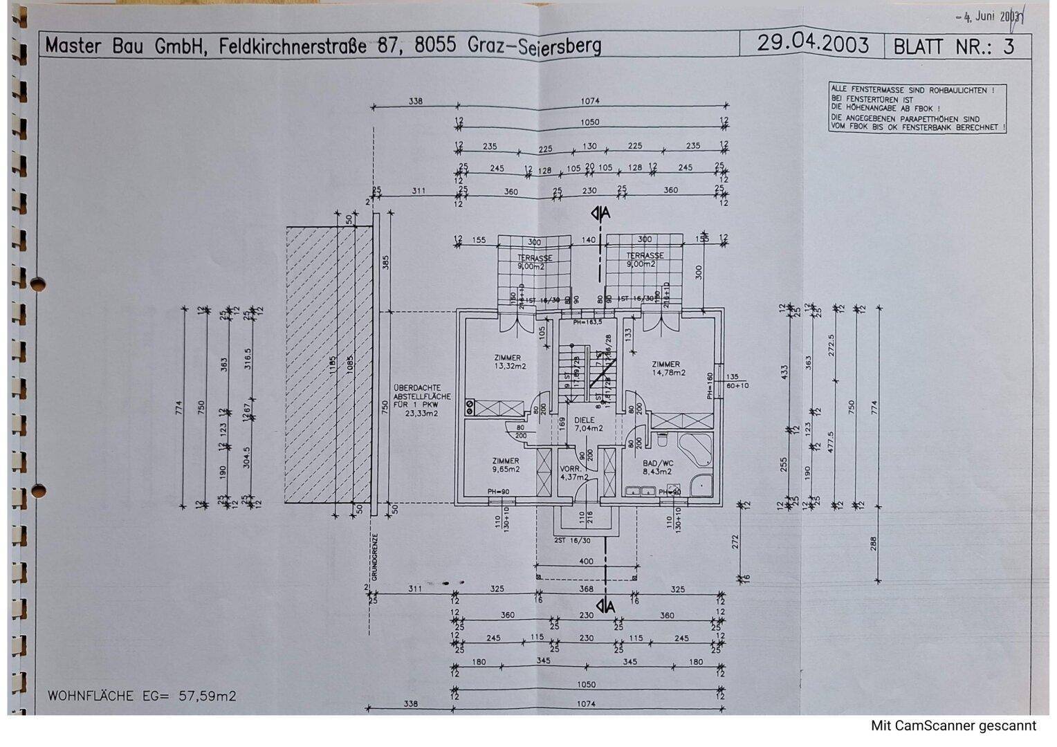 Grundriss des Erdgeschosses mit zwei Zimmern, Bad/WC, Vorraum und überdachtem Abstellbereich.