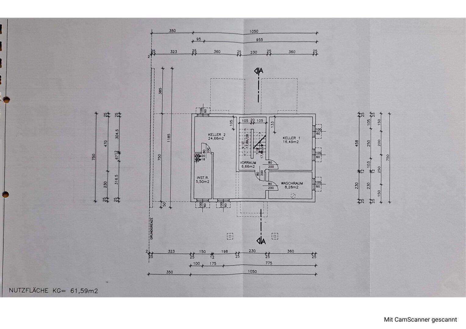 Grundriss des Kellergeschosses mit zwei Kellerräumen, Vorraum und Waschraum.