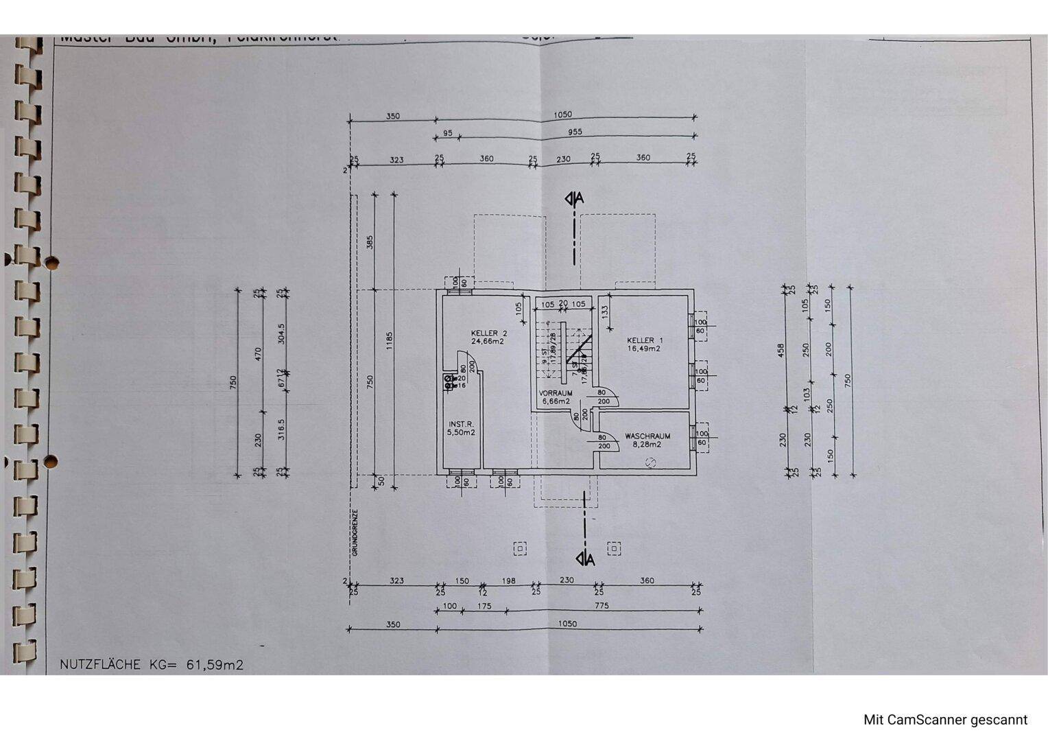 Grundriss des Kellergeschosses mit zwei Kellerräumen, Vorraum und Waschraum.